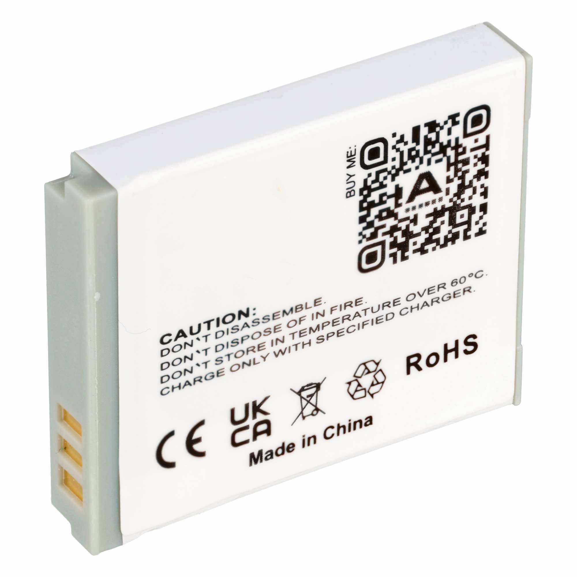 Weiße wiederaufladbare Batterie mit Warntext, QR-Code, CE/UKCA- und RoHS-Kennzeichnungen sowie Etikett „Made in China