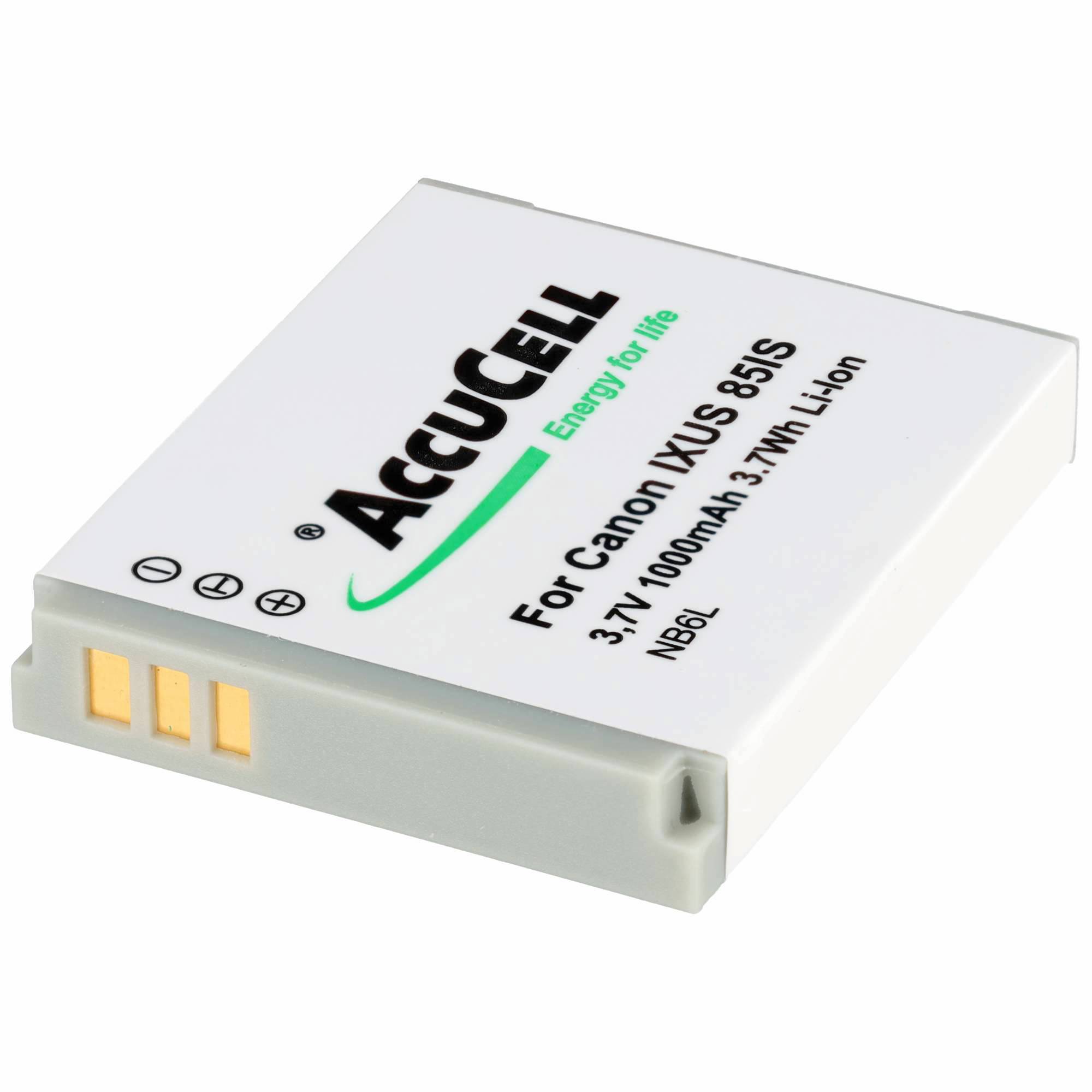 AccuCell Lithium-Ionen-Kamerabatterie für Canon NB-6L, gekennzeichnet mit 3,7V 1000mAh 3,7Wh, in Weiß mit goldfarbenen Kontaktterminals dargestellt.