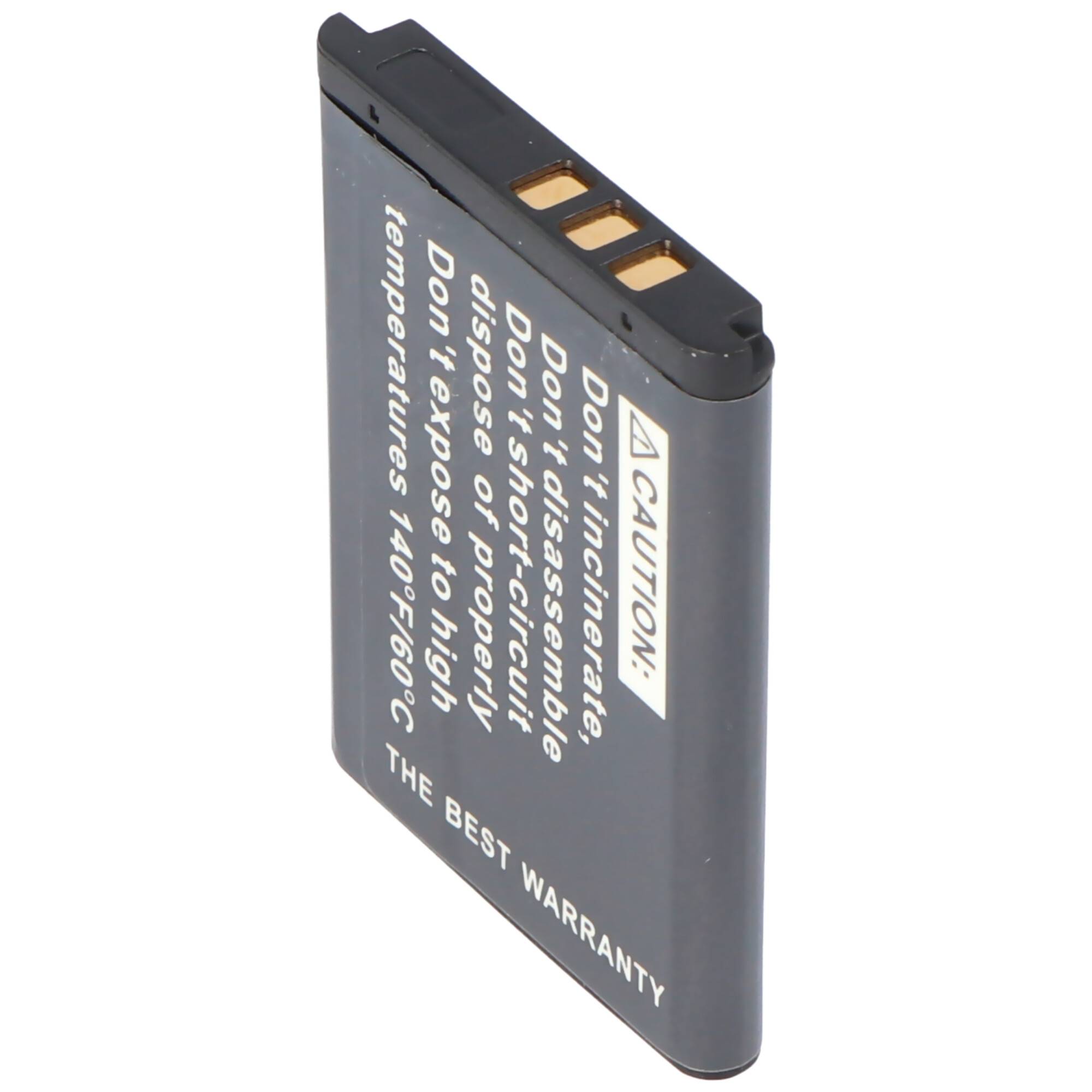 Schwarzes rechteckiges wiederaufladbares Batteriepack mit Warntext und drei goldenen Kontakten oben.