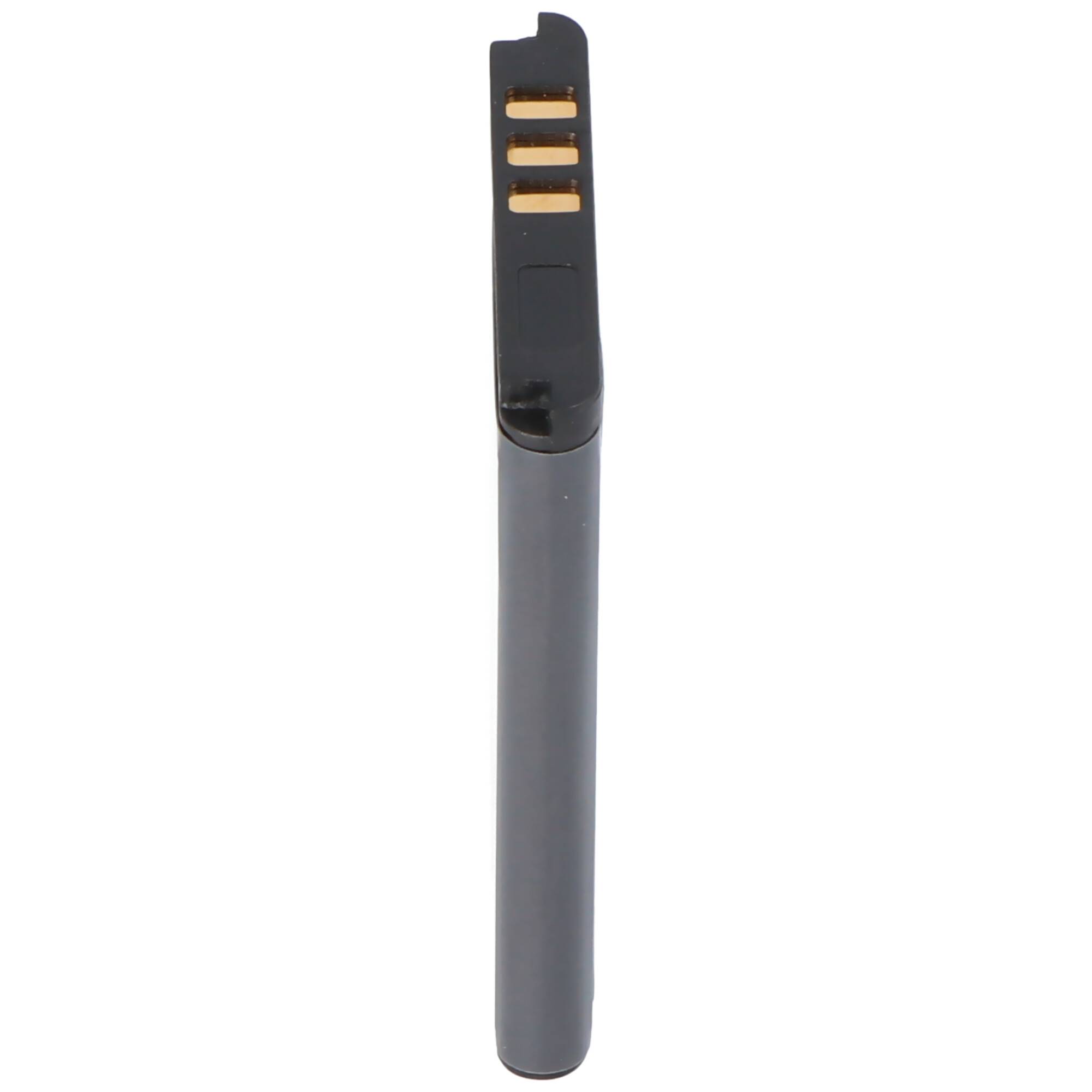 Schwarz-grauer aufladbarer Vape-Stift aufrecht auf weißem Hintergrund stehend, mit drei goldenen Ladekontakten an der Oberseite.
