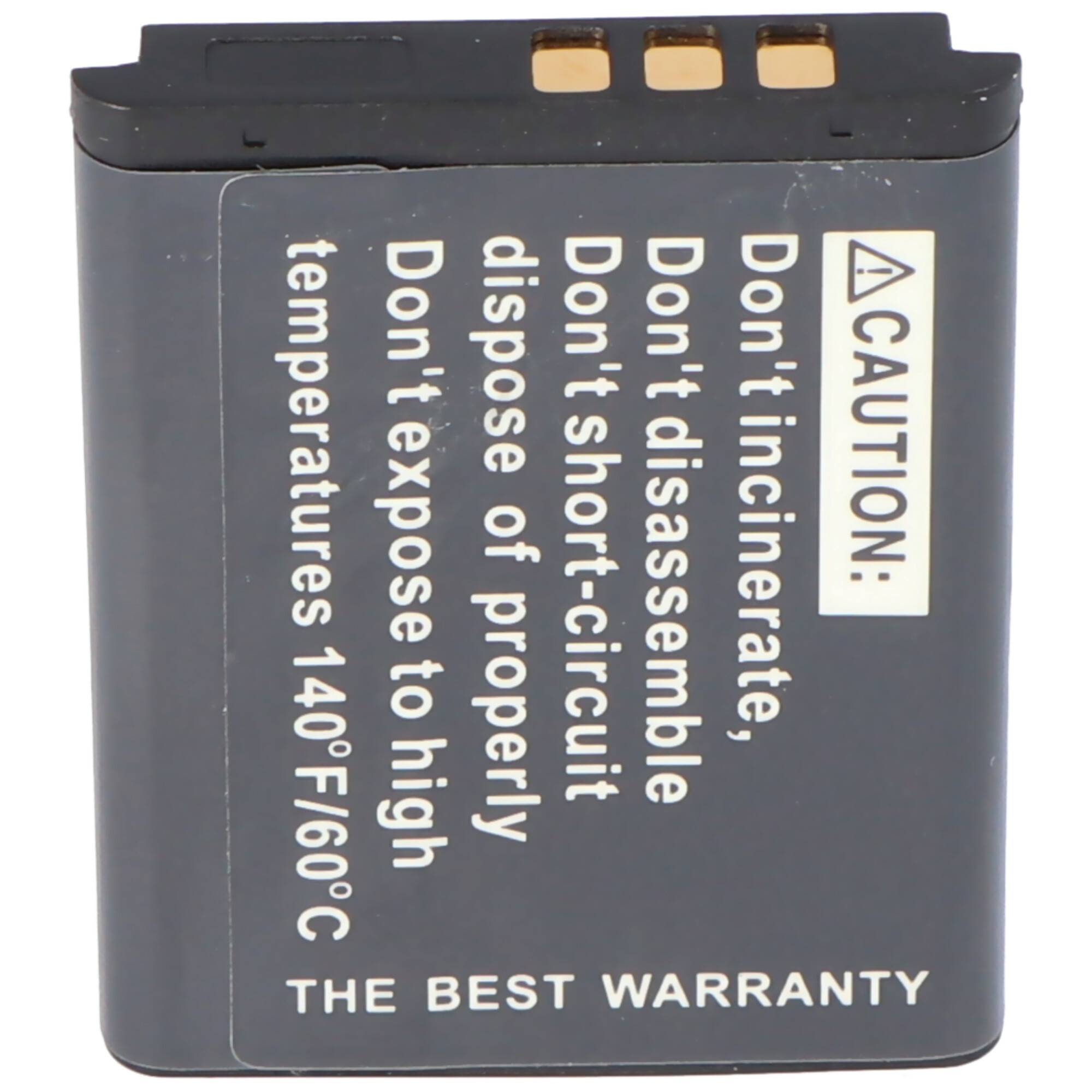 Eine schwarze wiederaufladbare Batterie mit Vorsichtsetikett und Warntext über das Verbot zu verbrennen, zu zerlegen, kurzzuschließen, ordnungsgemäße Entsorgung und hohe Temperaturen.