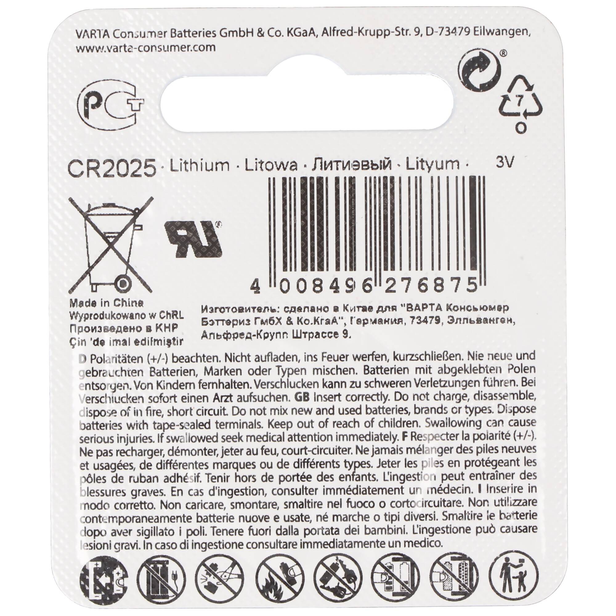 Varta CR2025 Lithium Batterie
