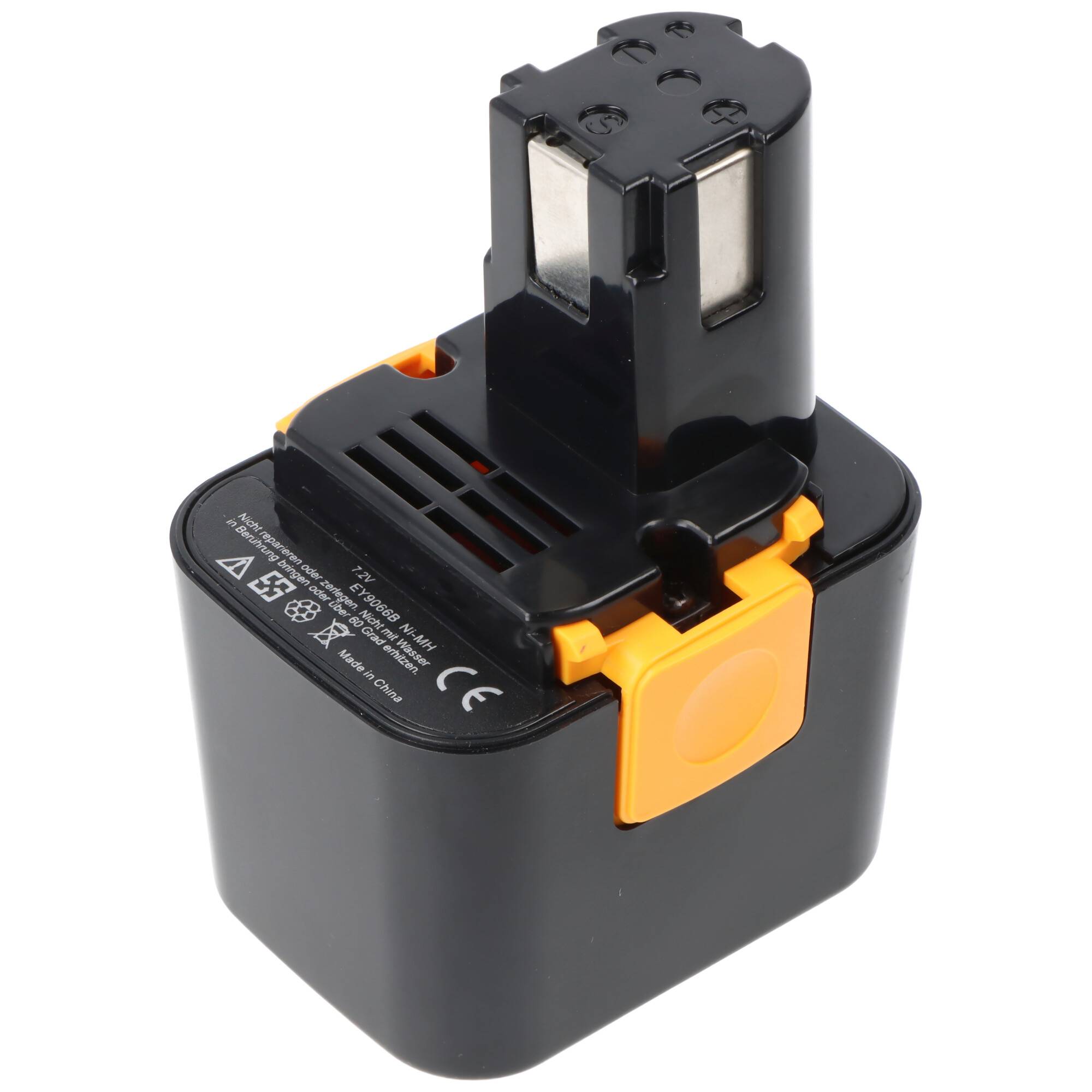Schwarzer wiederaufladbarer Akkupack für Elektrowerkzeuge mit orangefarbener Entriegelungsklinke und verlängertem Stecker oben, auf weißem Hintergrund gezeigt.