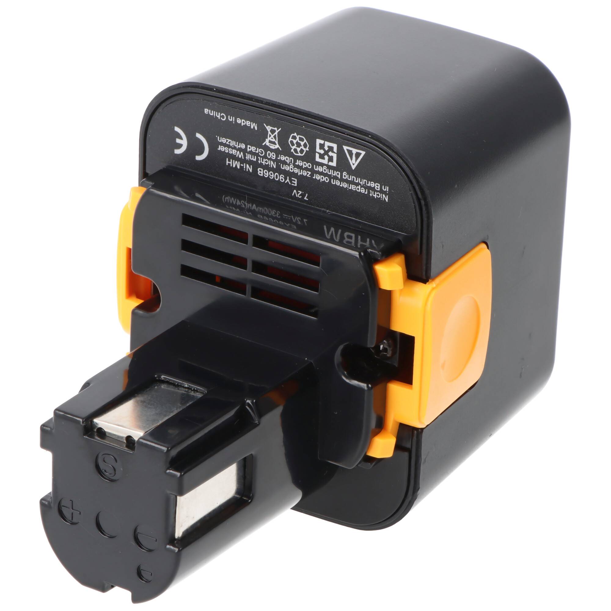 Schwarzes wiederaufladbares Batteriepack mit orangefarbenen Seitenverschlüssen und einem Steckerverbinder, dargestellt auf weißem Hintergrund.