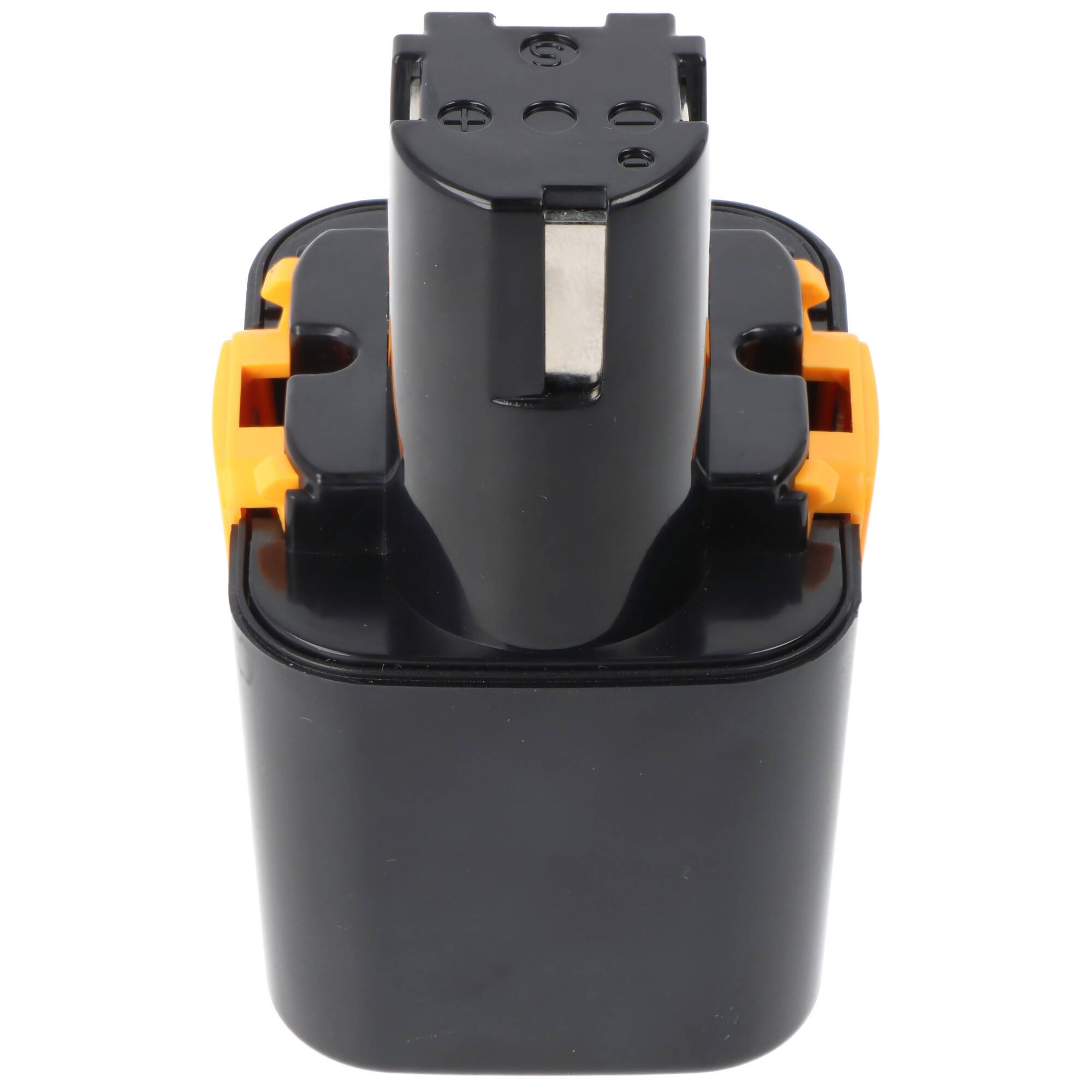 Schwarzes wiederaufladbares Batteriepaket mit orangefarbenen Seitenklemmen, shown auf weißem Hintergrund.