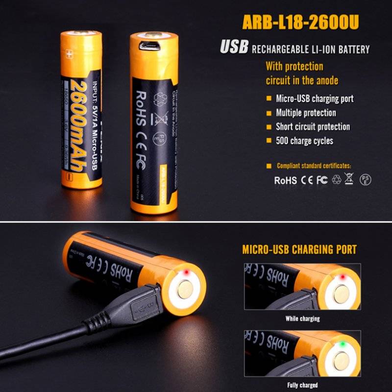 Li-Ion Akku 18650, mehrfach geschützt mit USB Ladefunktion, 70x18,6mm 1 Stück mit AccuCell AccuSafe