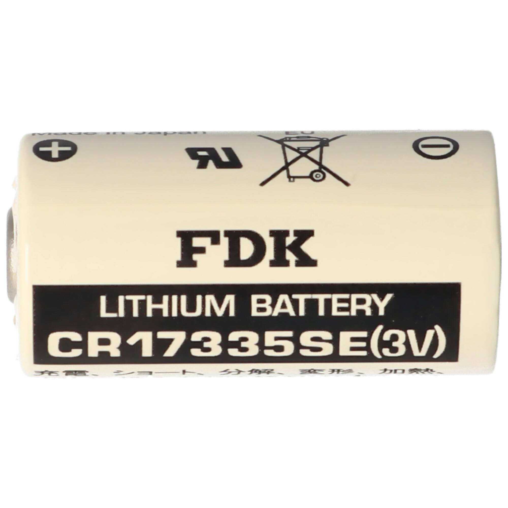 FDK CR17335SE 3V-Lithium-Batterie, dargestellt als zylindrische Zelle mit markierten positiven und negativen Anschlüssen.