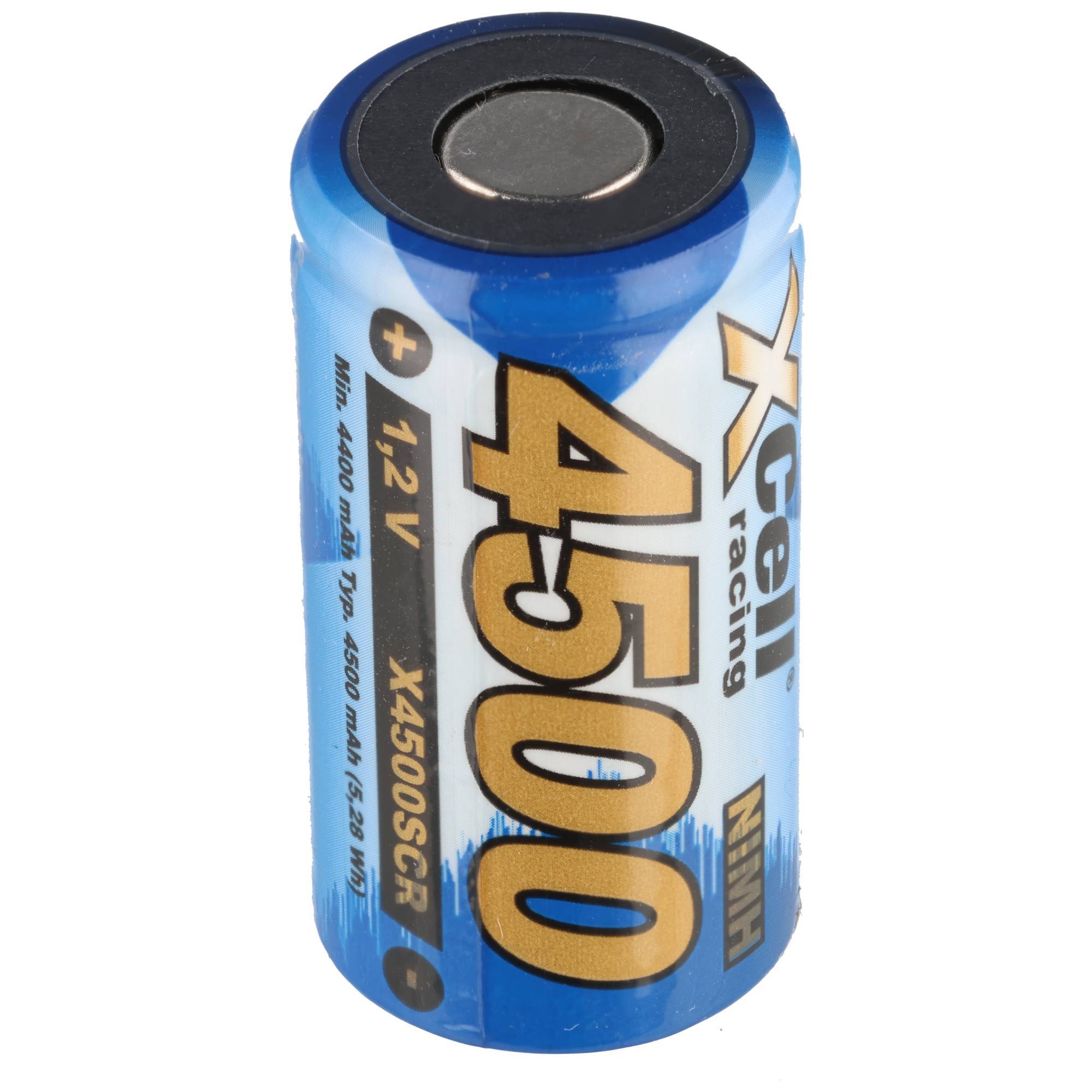 Aufrechts gezeigtes Blue Xcell Racing 4-5000 1.2V wiederaufladbares Batteriezellenelement auf weißem Hintergrund.