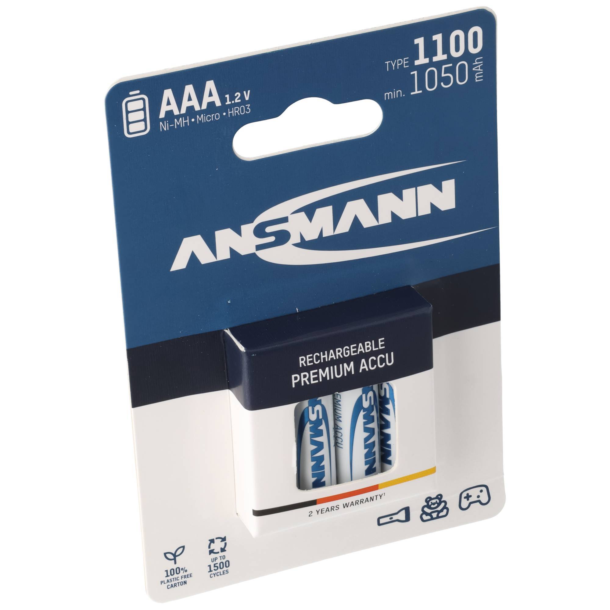 Ansmann-Packung mit zwei wiederaufladbaren AAA-Ni-MH-Batterien, 1,2V, 1100 mAh, gezeigt in Einzelhandels-Blisterverpackung.