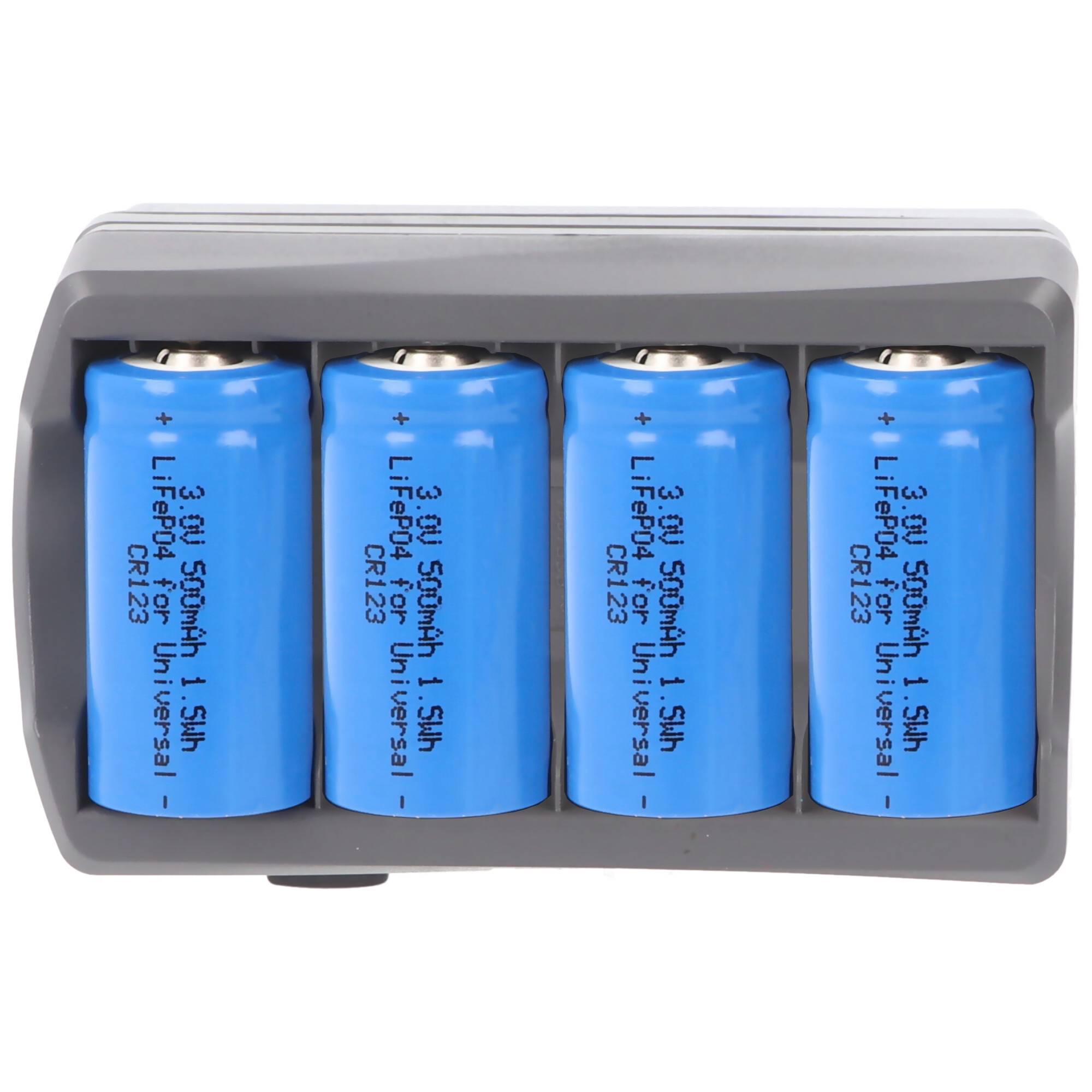 CR123 Ladegerät inklusive 4x CR123A Li-Ion Akkus, vierfach Ladegerät CR123 (nicht geeignet für Überwachungskamera)