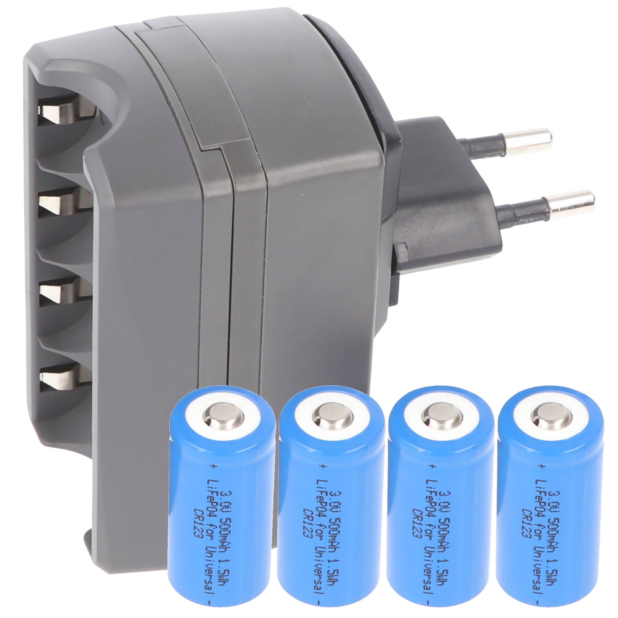 CR123 Ladegerät inklusive 4x CR123A Li-Ion Akkus, vierfach Ladegerät CR123 (nicht geeignet für Überwachungskamera)