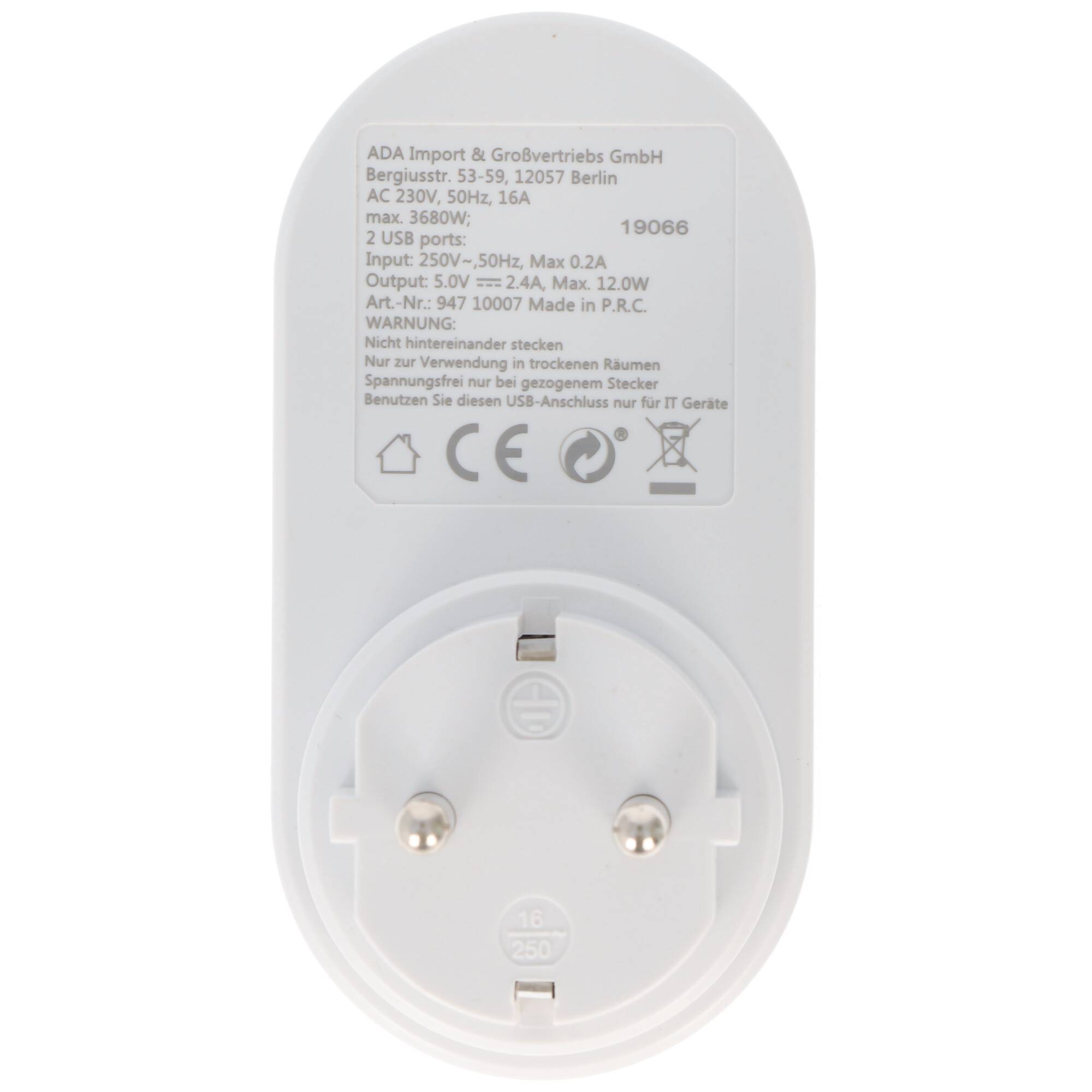 Steckdose mit 2x USB-Port, 2,0A Schutzkontaktsteckdose 16A