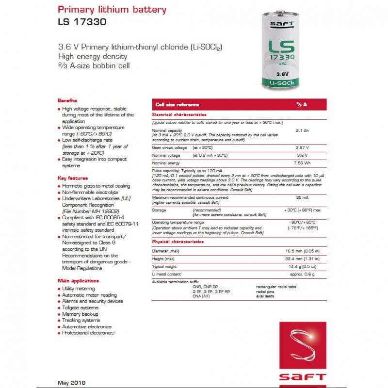 Saft Lithium LS-17330 3,6 V 2,1 Ah mit U-Lötfahne