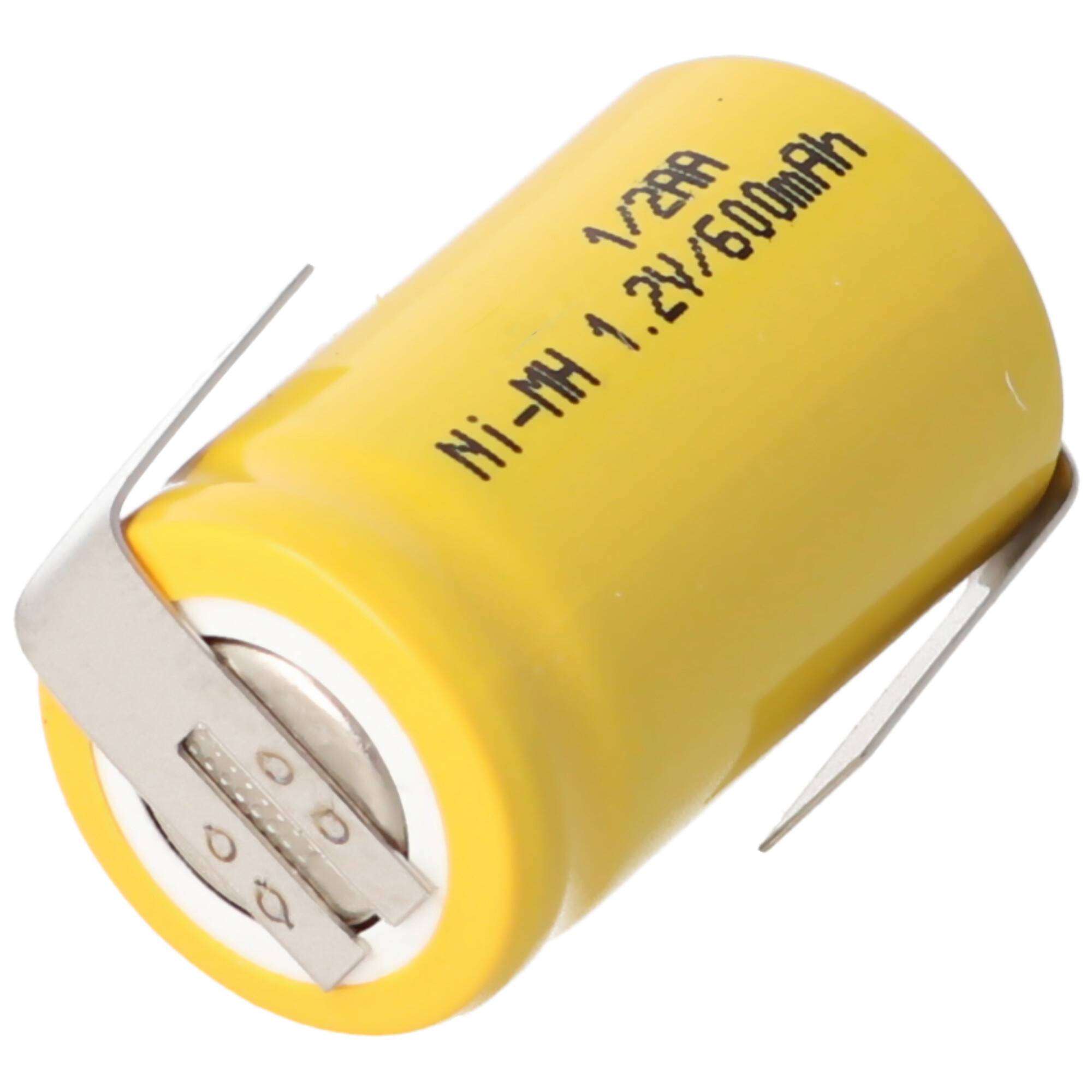 1/2AA Akku mit 1,2 Volt Spannung und 600mAh Kapazität mit Lötfahnen Z-Form, 25,5 x 14,5 mm