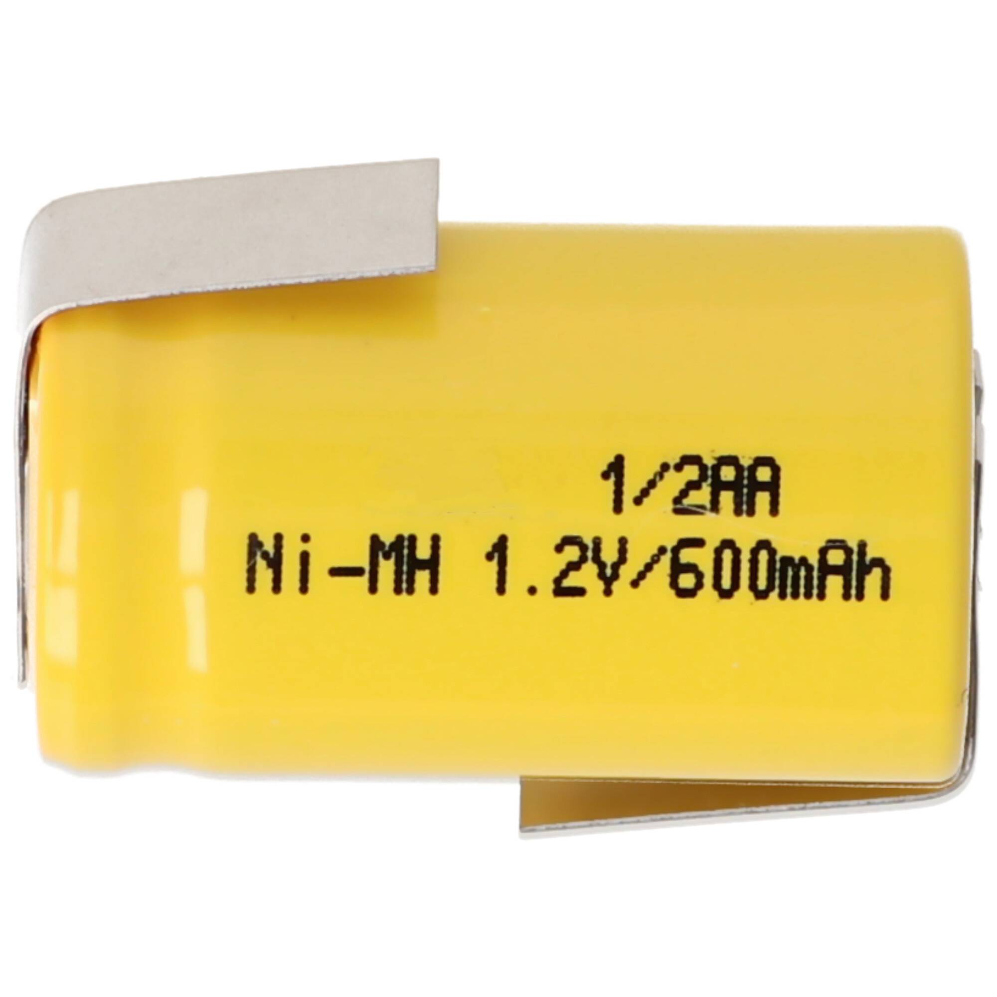 1/2AA Akku mit 1,2 Volt Spannung und 600mAh Kapazität mit Lötfahnen Z-Form, 25,5 x 14,5 mm