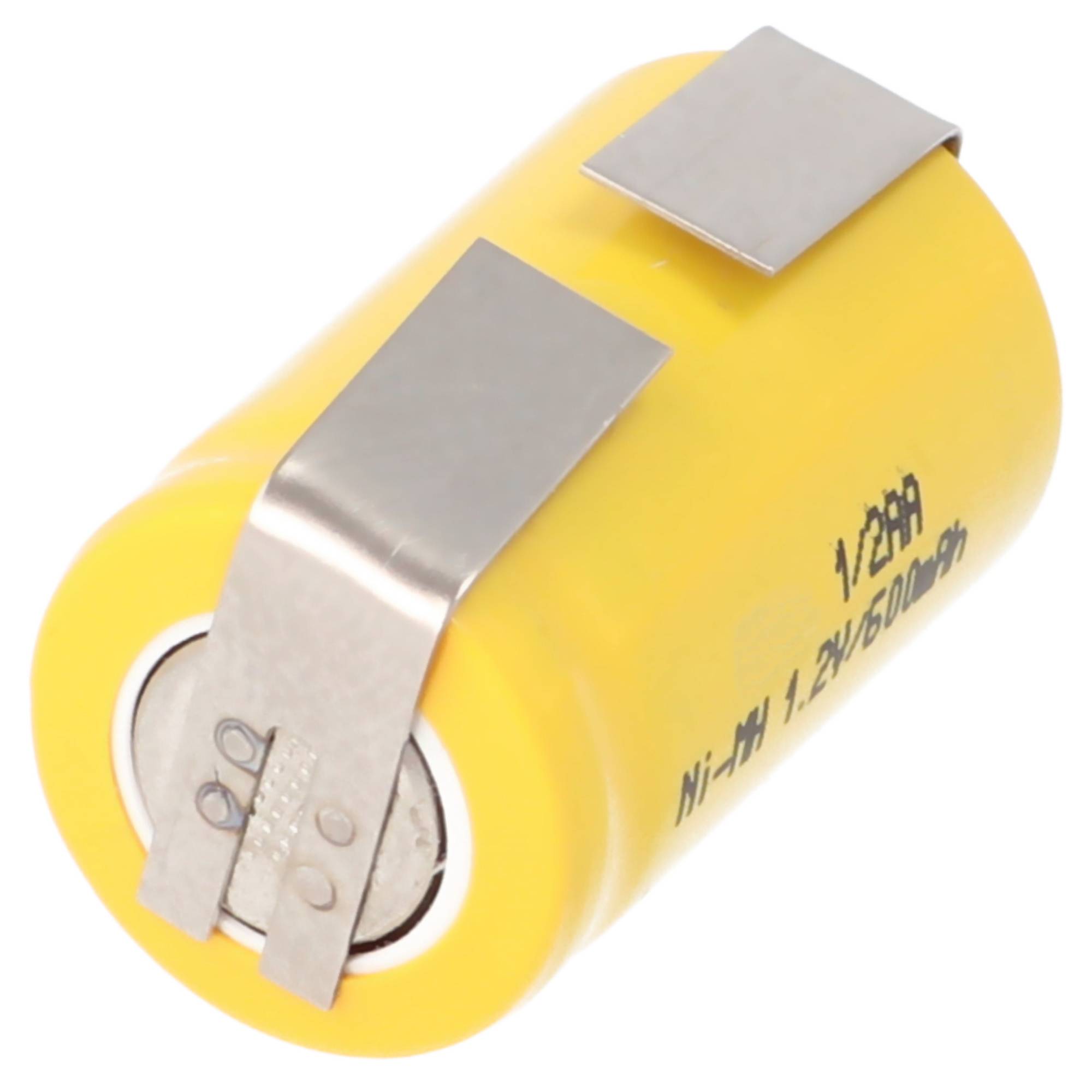 1/2AA Akku mit 1,2 Volt Spannung und 600mAh Kapazität mit Lötfahnen U-Form, 25,5 x 14,5 mm