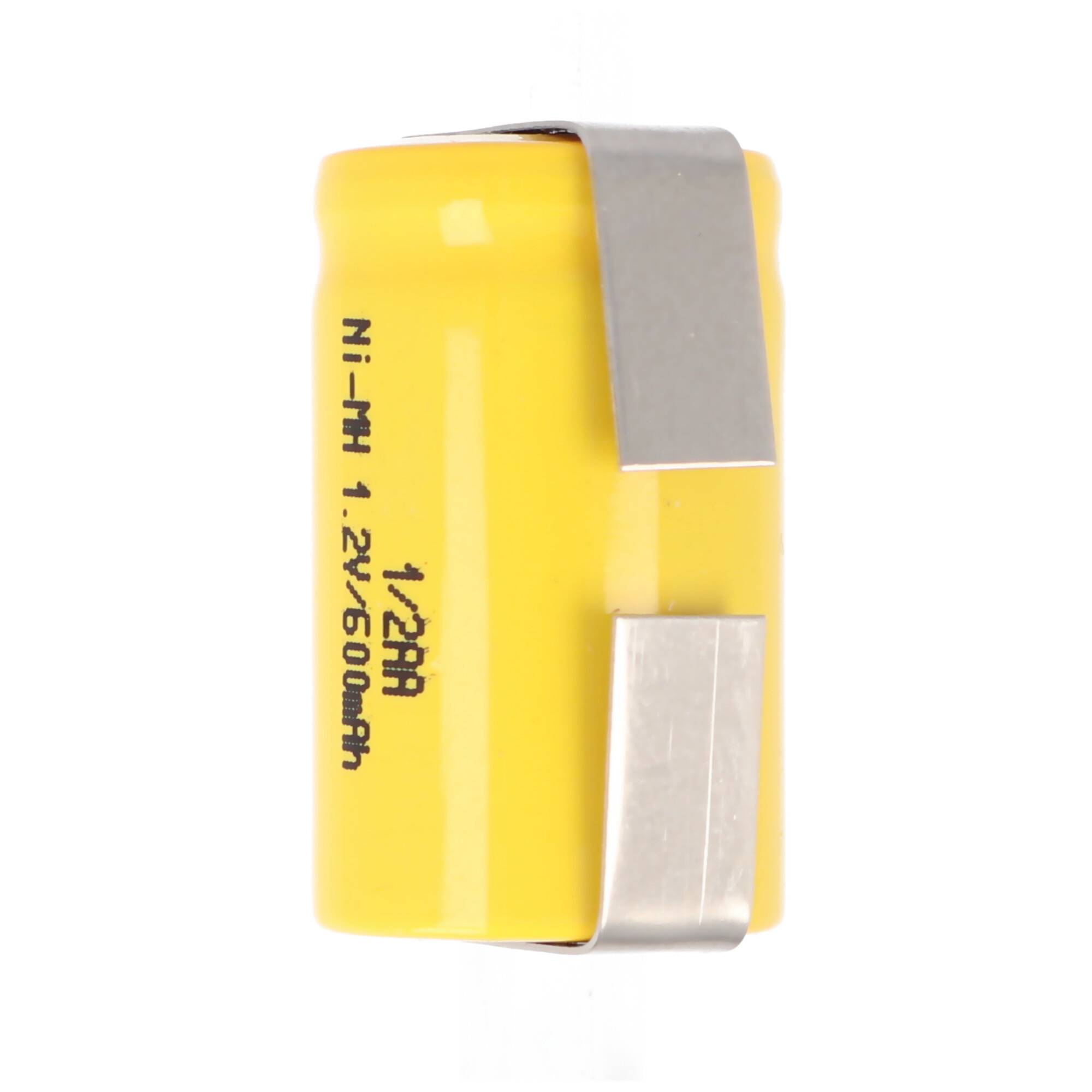 1/2AA Akku mit 1,2 Volt Spannung und 600mAh Kapazität mit Lötfahnen U-Form, 25,5 x 14,5 mm