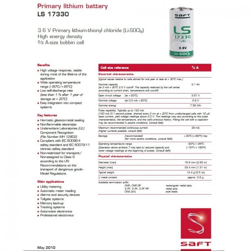 Saft Lithium LS-17330 3,6 V 2,1 Ah