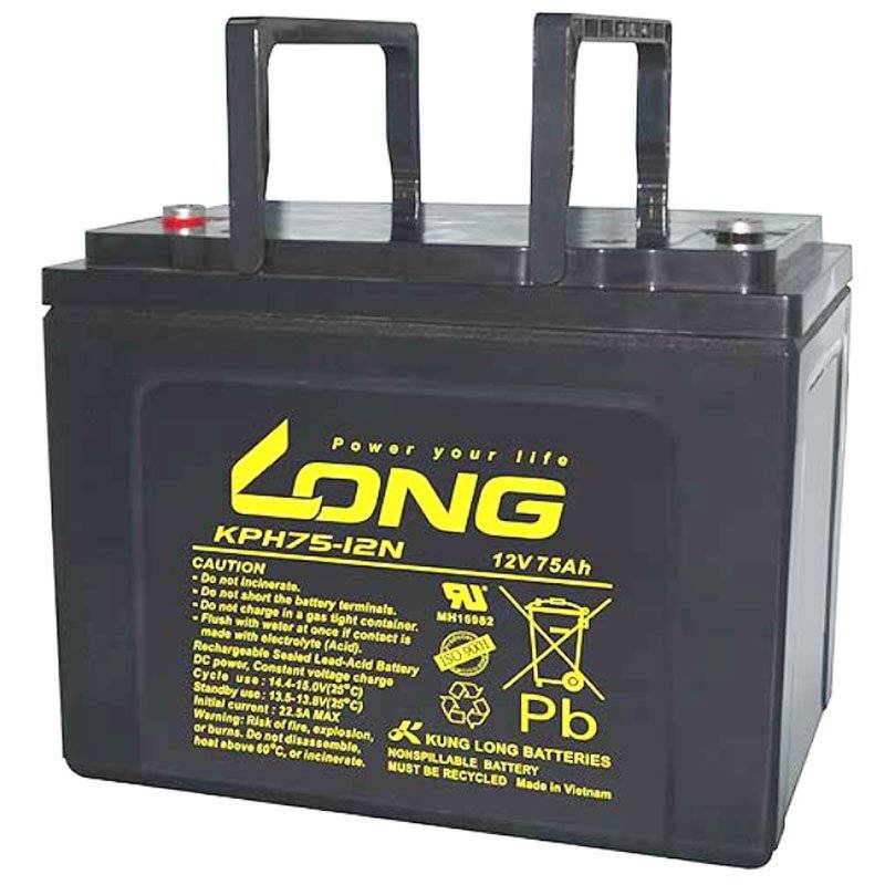 Schwarze lange 12V 75Ah wiederaufladbare Blei-Säure-Batterie mit Tragegriffen und gelben Warnschildern.