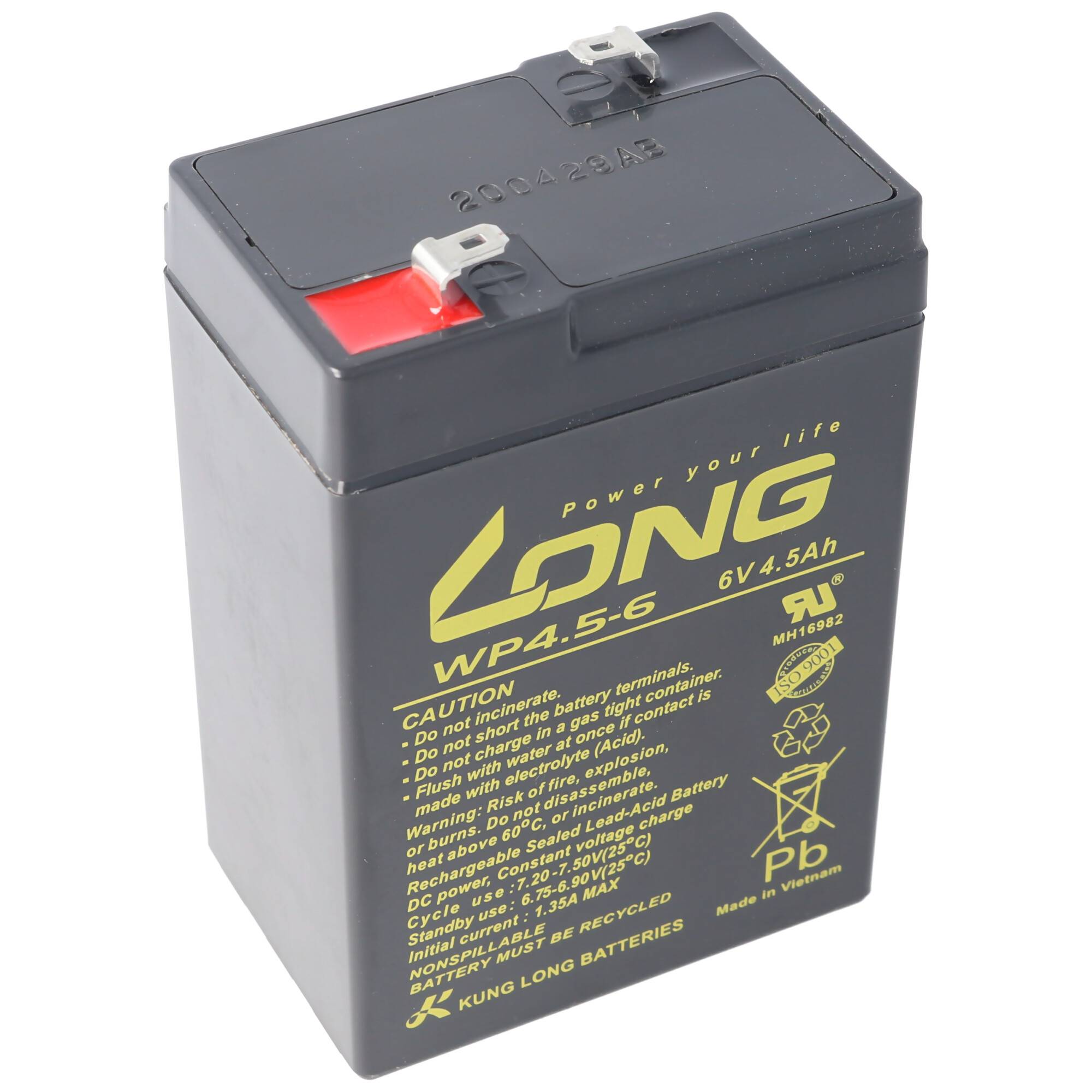 Schwarze rechteckige wiederaufladbare Batterie mit der Aufschrift 