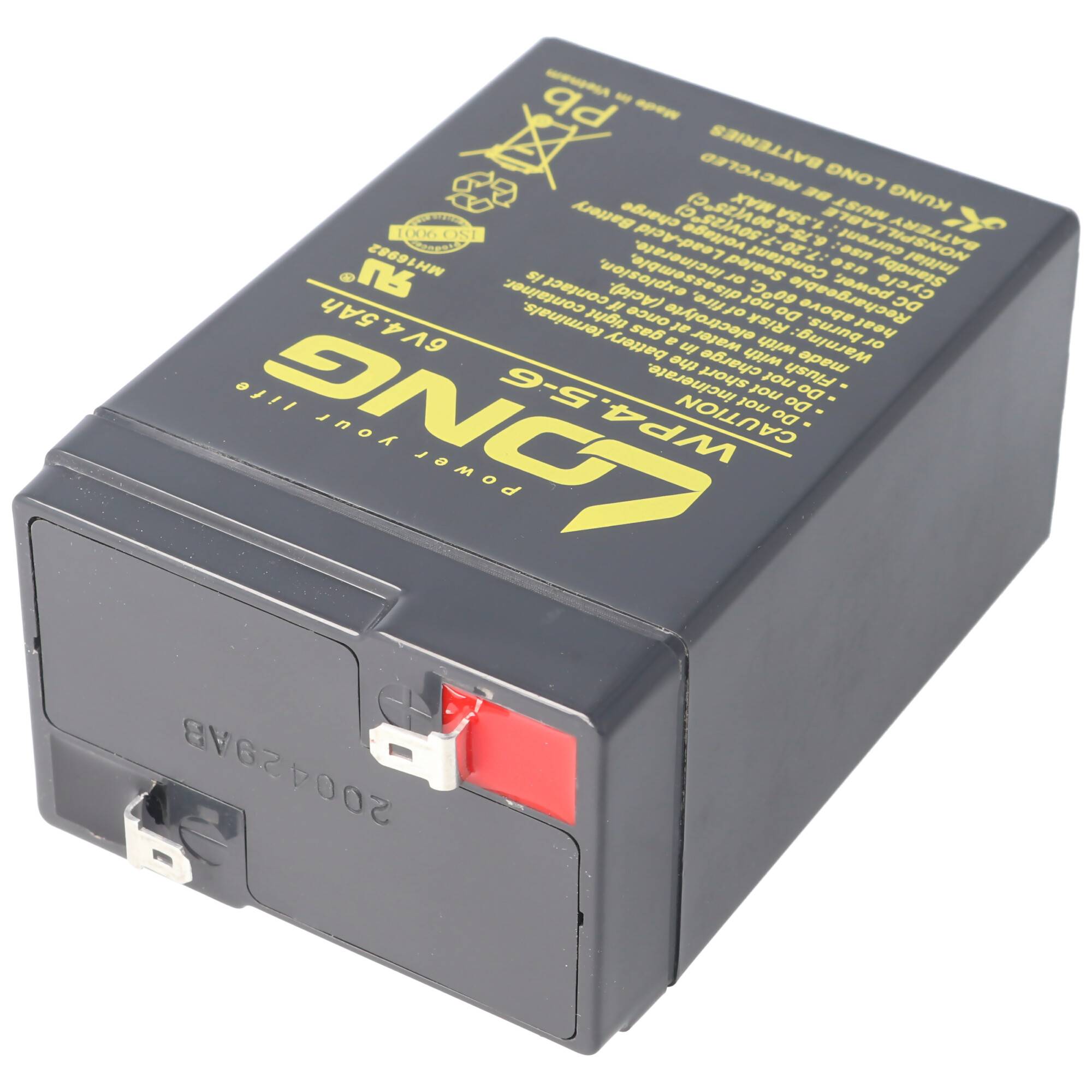Graues 6V wiederaufladbares Batteriepack mit gelber Beschriftung und roten/weißen Steckverbindungen, dargestellt auf weißem Hintergrund.
