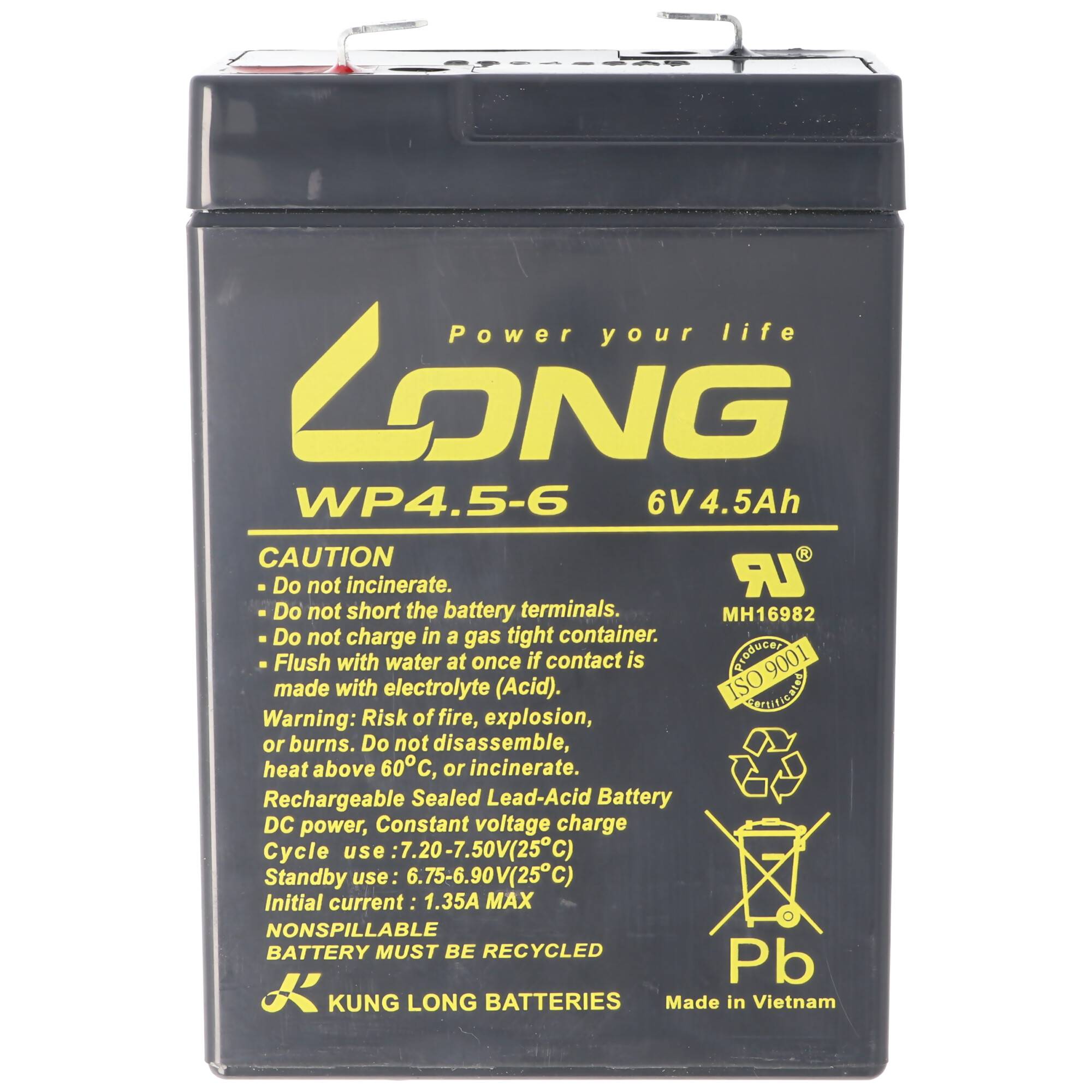 Black Kung Long versiegelte Blei-Säure-Batterie mit Bezeichnung "WP4.5-6"", 6V 4,5Ah Nennleistung und Sicherheitswarnungen auf der Vorderseite.