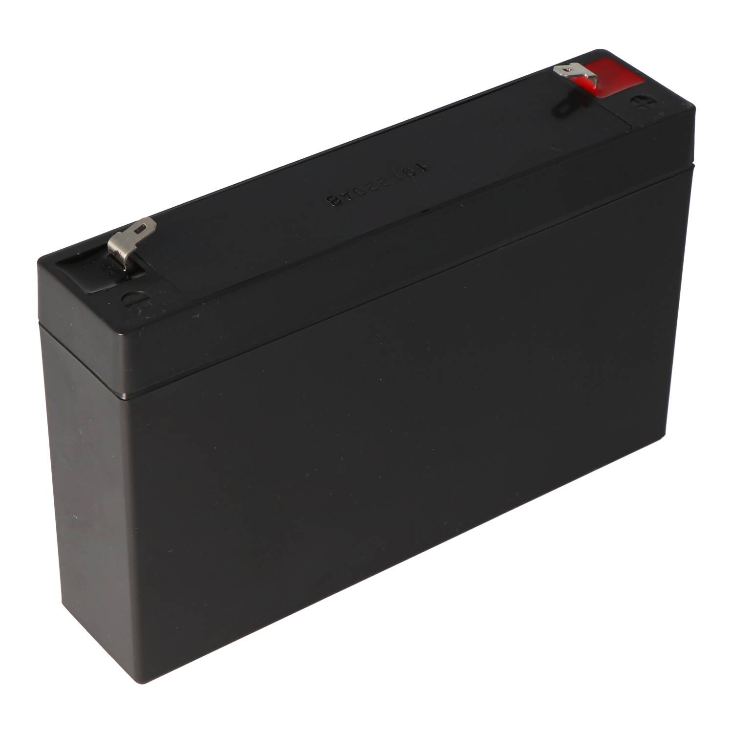 Schwarze rechteckige versiegelte Blei-Säure-Batterie mit Metallklemmen oben, isoliert auf weißem Hintergrund dargestellt.