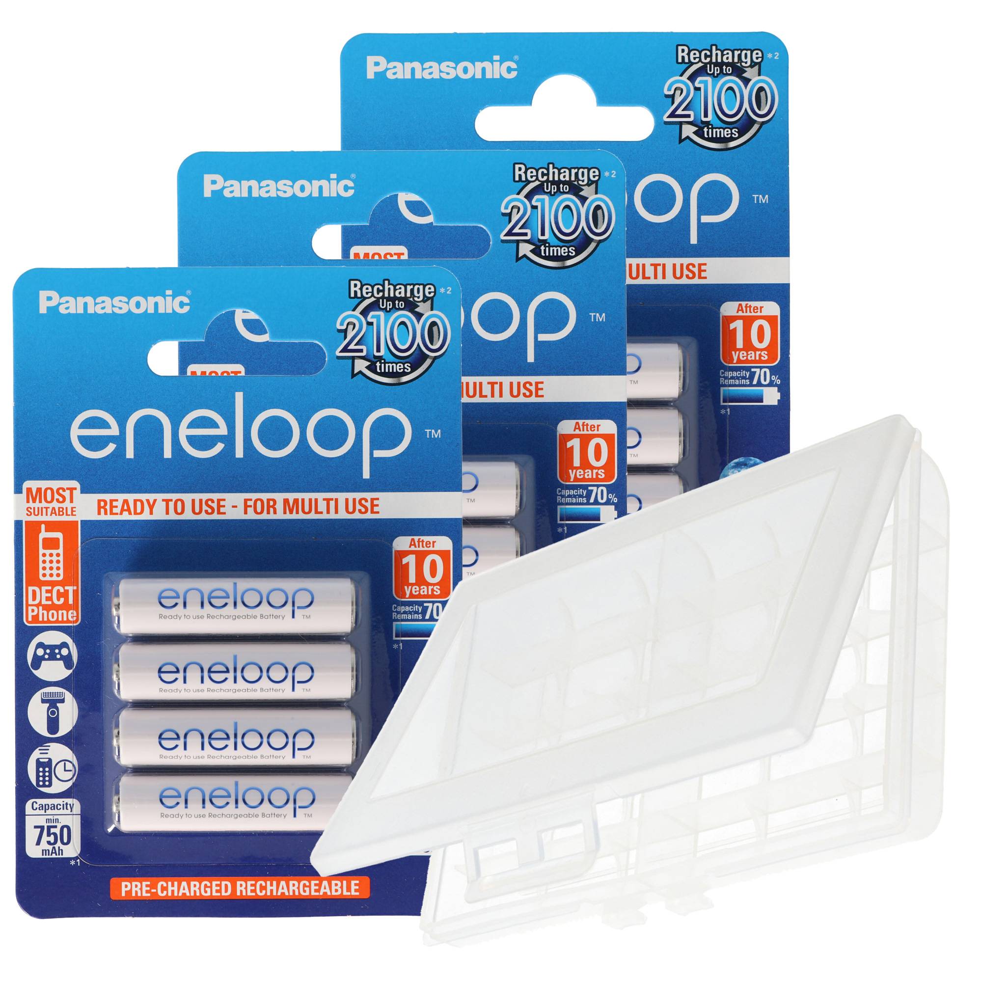 12er Panasonic eneloop Standard AAA, Micro Akkus, neueste Generation, max. 800mAh, 2100 Ladezyklen mit AccuCell BOX10 AK