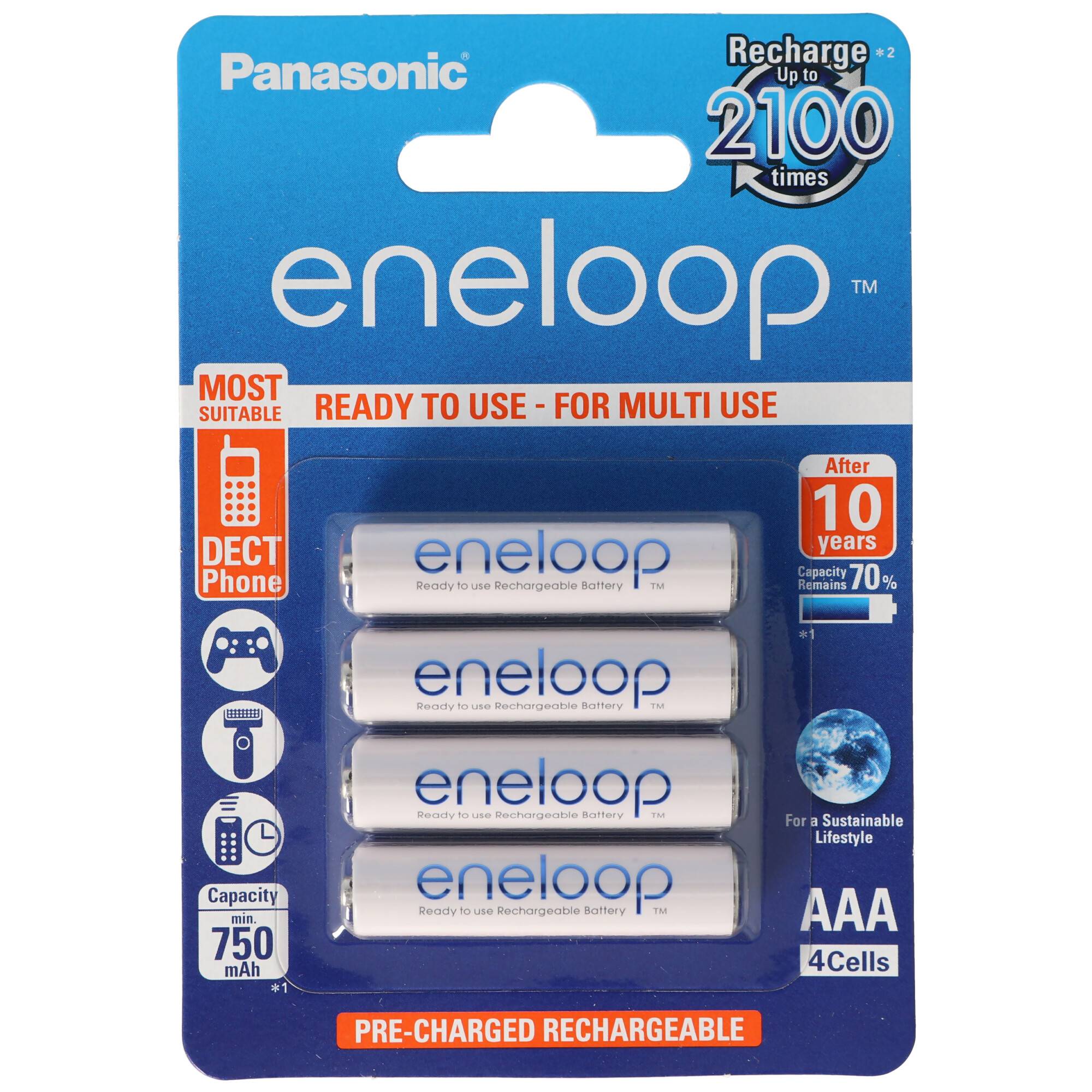 12er Panasonic eneloop Standard AAA, Micro Akkus, neueste Generation, max. 800mAh, 2100 Ladezyklen mit AccuCell BOX10 AK