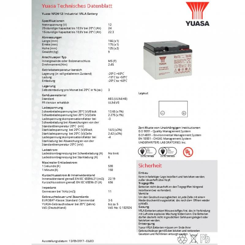 Yuasa Blei-Akku NP24-12I Pb 12V / 24Ah mit M5 Schraubanschluss