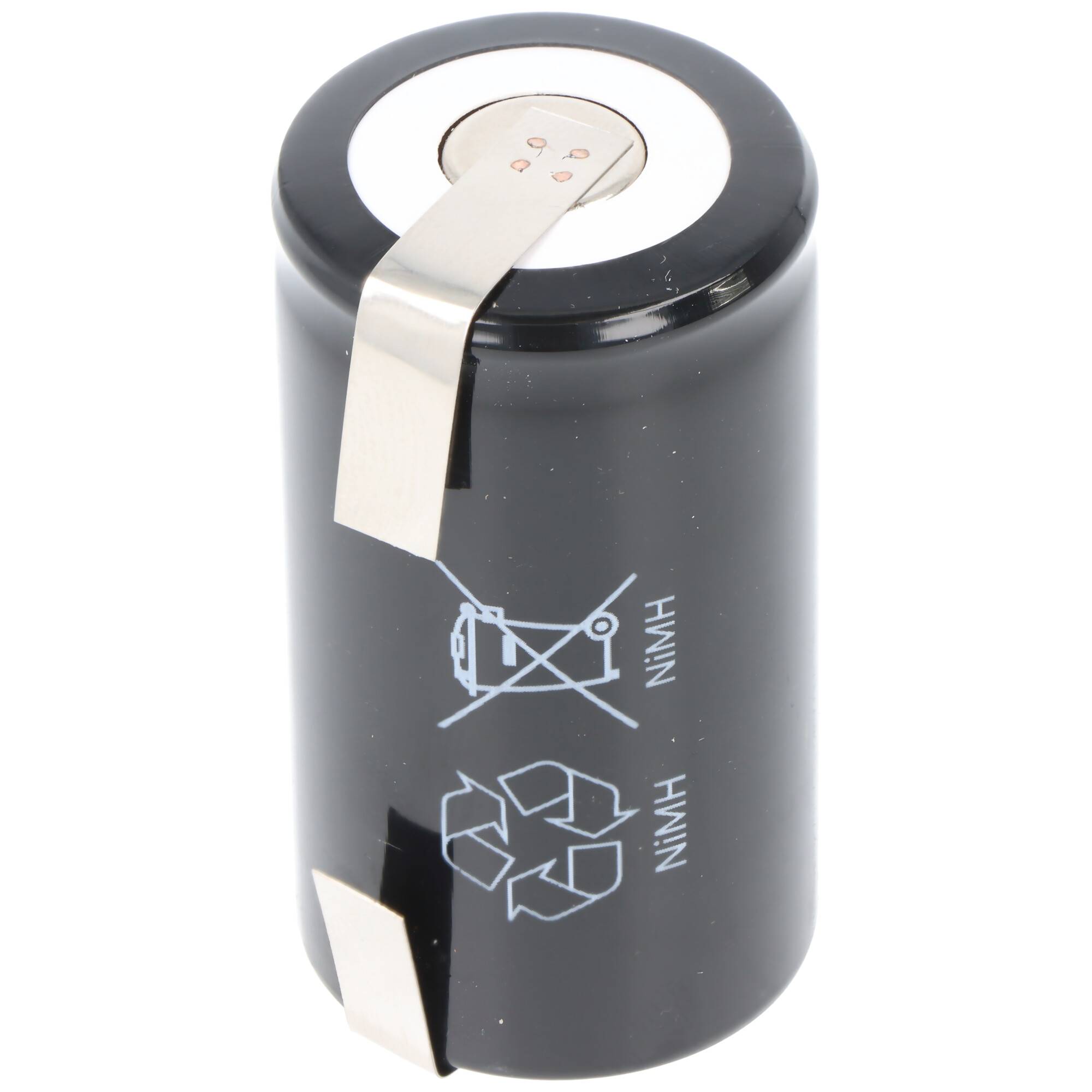 Schwarze zylindrische Batterie mit Metallfahnen oben und unten, auf der Seite Recycling- und Entsorgungssymbole.