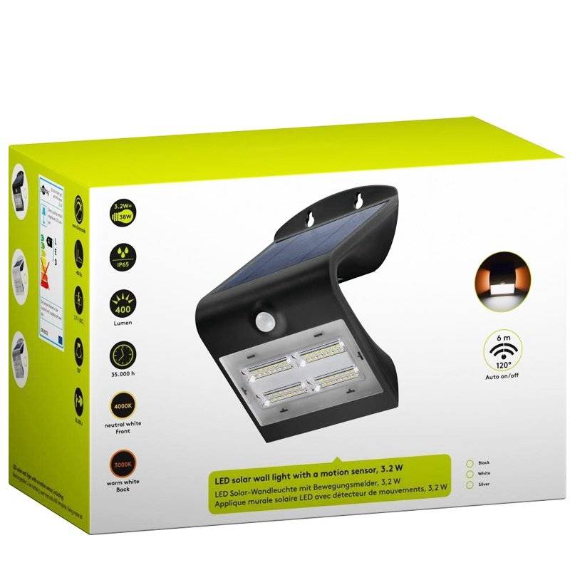 LED Solar-Wandleuchte mit Bewegungsmelder, 3,2W mit Lithium-Ionen Akku 18650