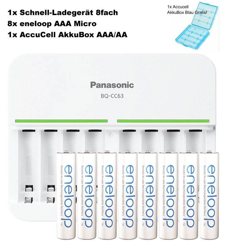 Panasonic eneloop bk-4mcc 8 Stück AAA Micro Akkus, 8fach eneloop Standard Schnell-Ladegerät und AccuCell Akkubox AAA/AA