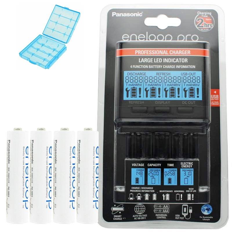 Panasonic eneloop Ladegerät BQ-CC65 inkl. LCD-Display, 4 eneloop Standard AAA Micro und AccuCell Akkubox Blue