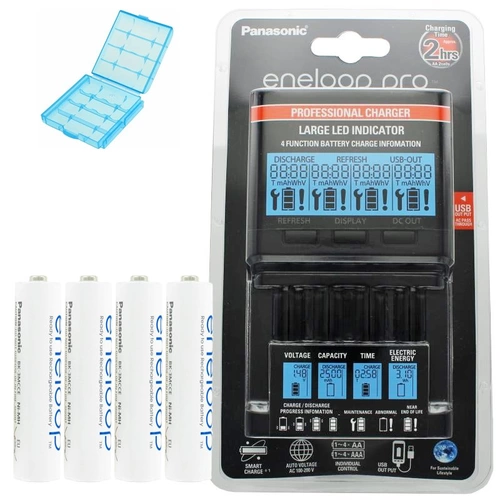 Panasonic eneloop Ladegerät BQ-CC65 inkl. LCD-Display, 4 eneloop Standard AAA Micro und AccuCell Akkubox Blue Panasonic eneloop Ladegerät BQ-CC65 inkl. LCD-Display, 4 eneloop Standard AAA Micro und AccuCell Akkubox Blue