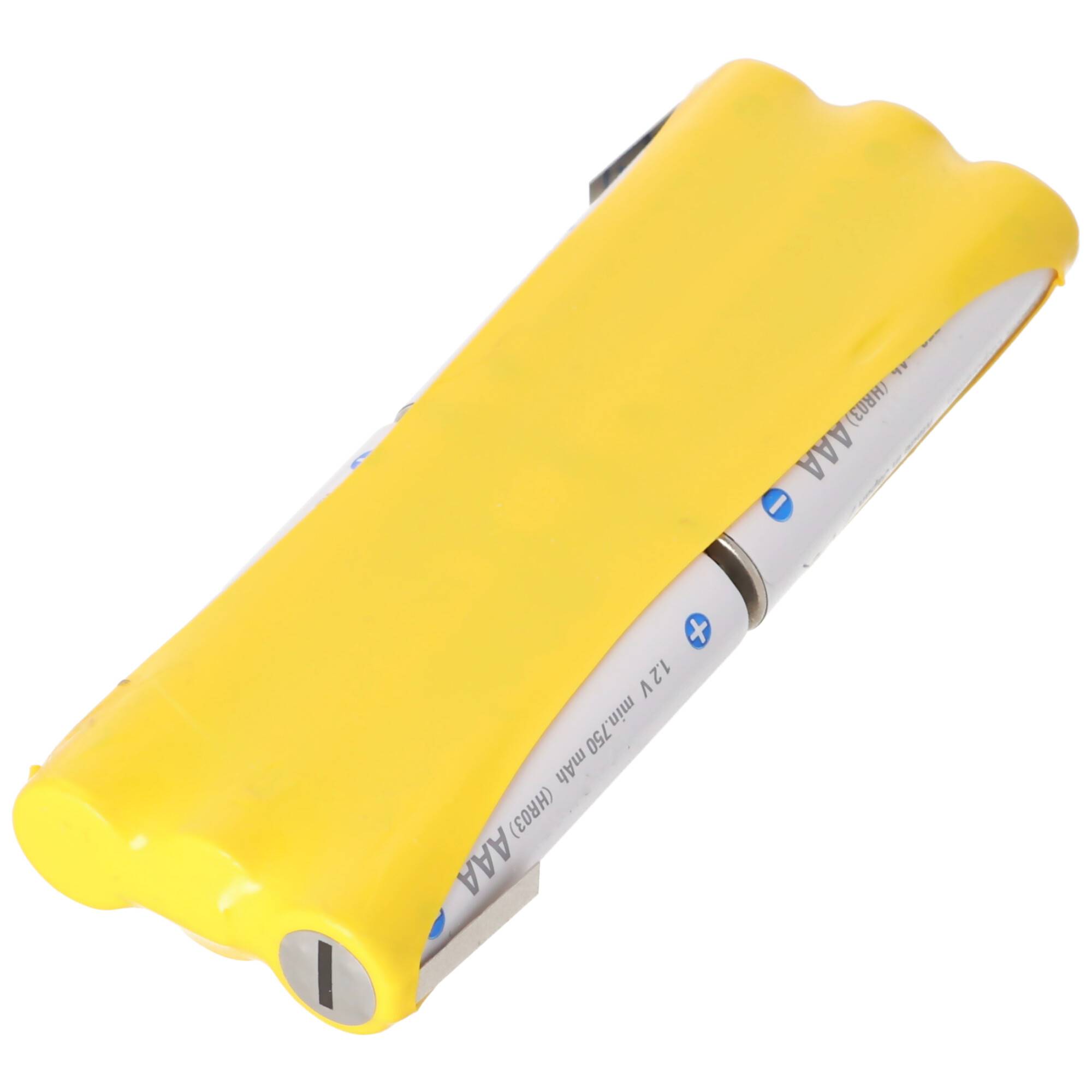 Gelbes Batteriepack mit zwei teilweise sichtbaren AA-Batterien auf weißem Hintergrund.