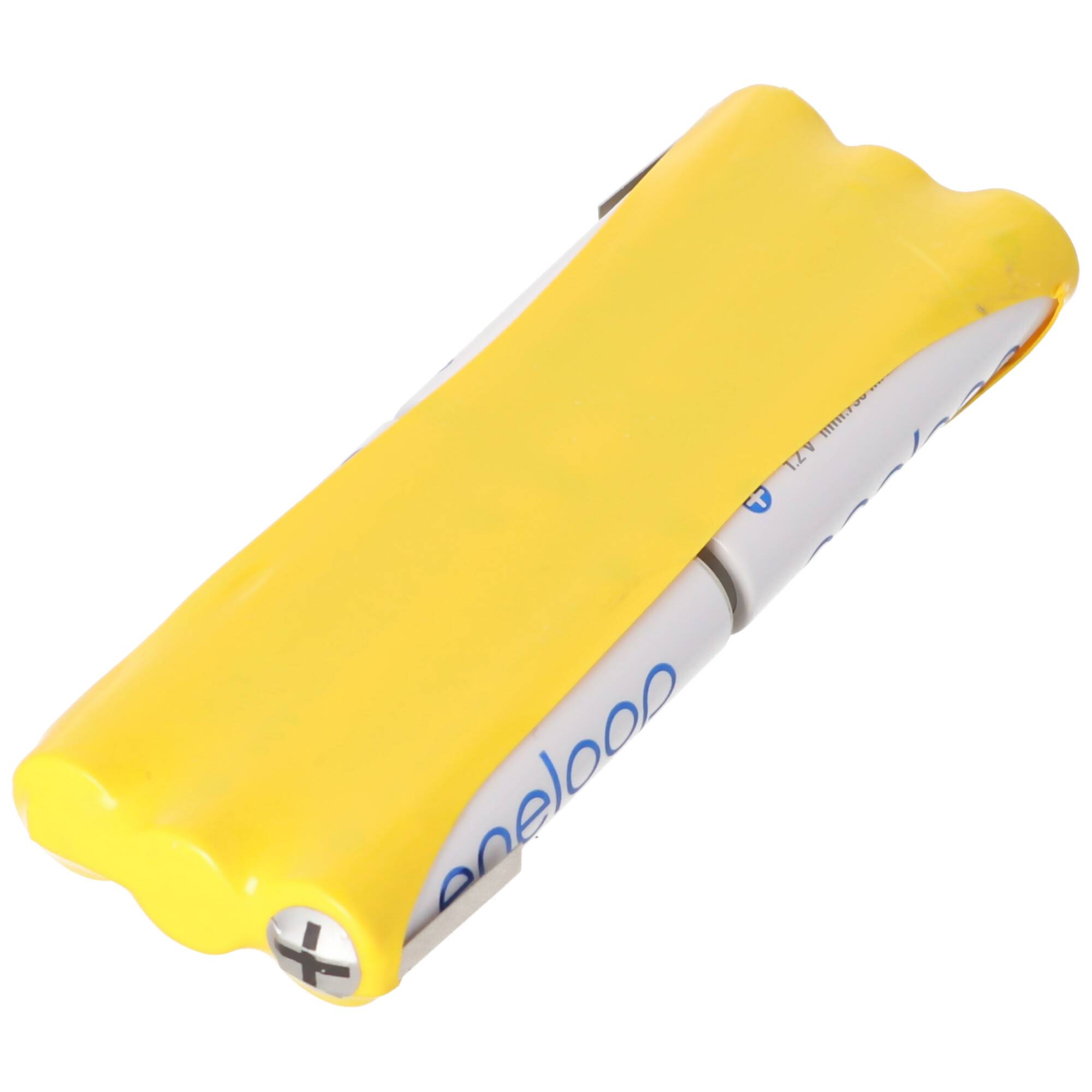 Gelbes Batteriepaket mit zwei zylindrischen Zellen, die in schützende Umhüllung gehüllt sind, auf weißem Hintergrund dargestellt.