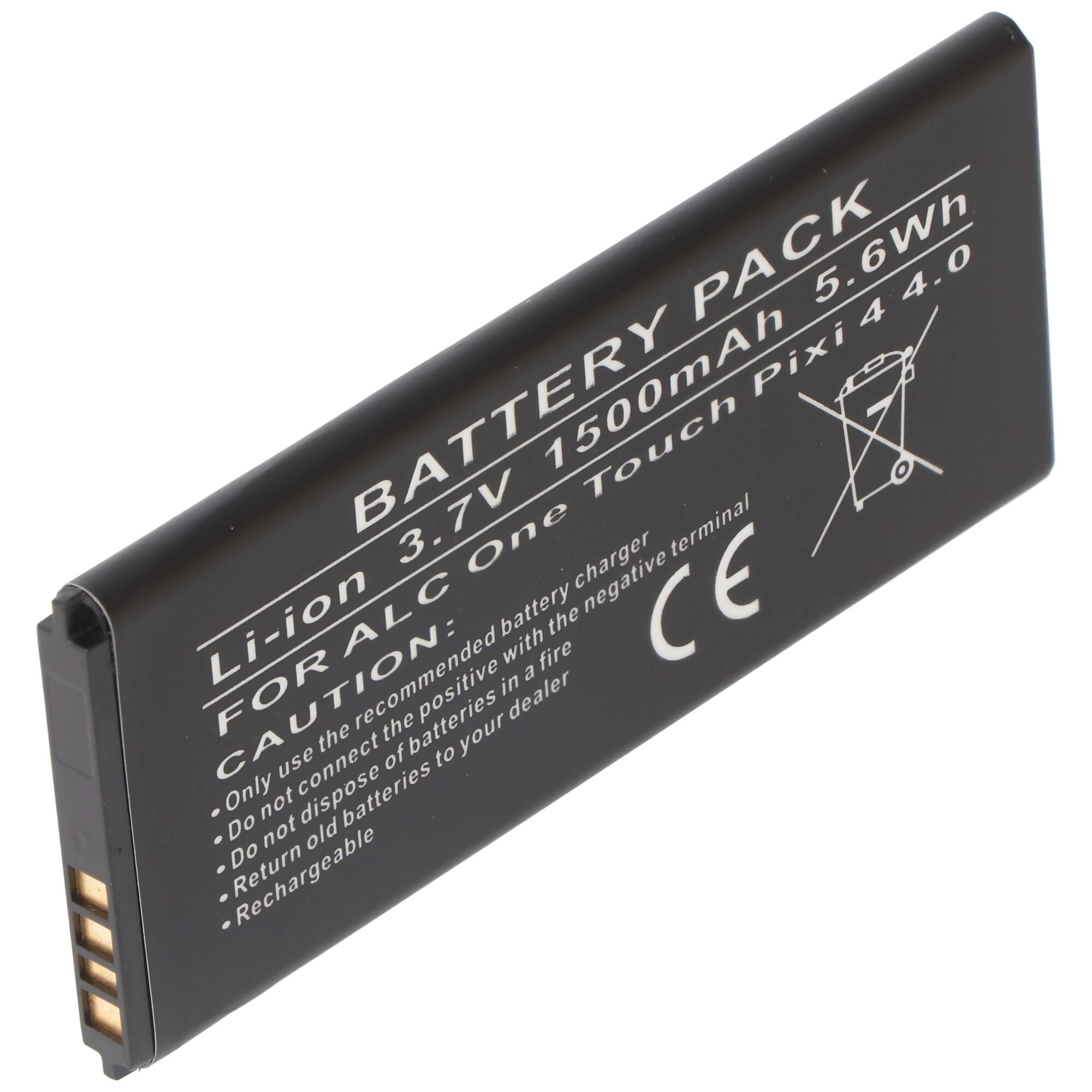 Schwarzes wiederaufladbares Lithium-Ionen-Akkupack mit Beschriftung 3,7V 1500mAh 5,6Wh für 'A.T. C One Touch Pixi 4 4.0', isoliert auf weißem Hintergrund abgebildet.