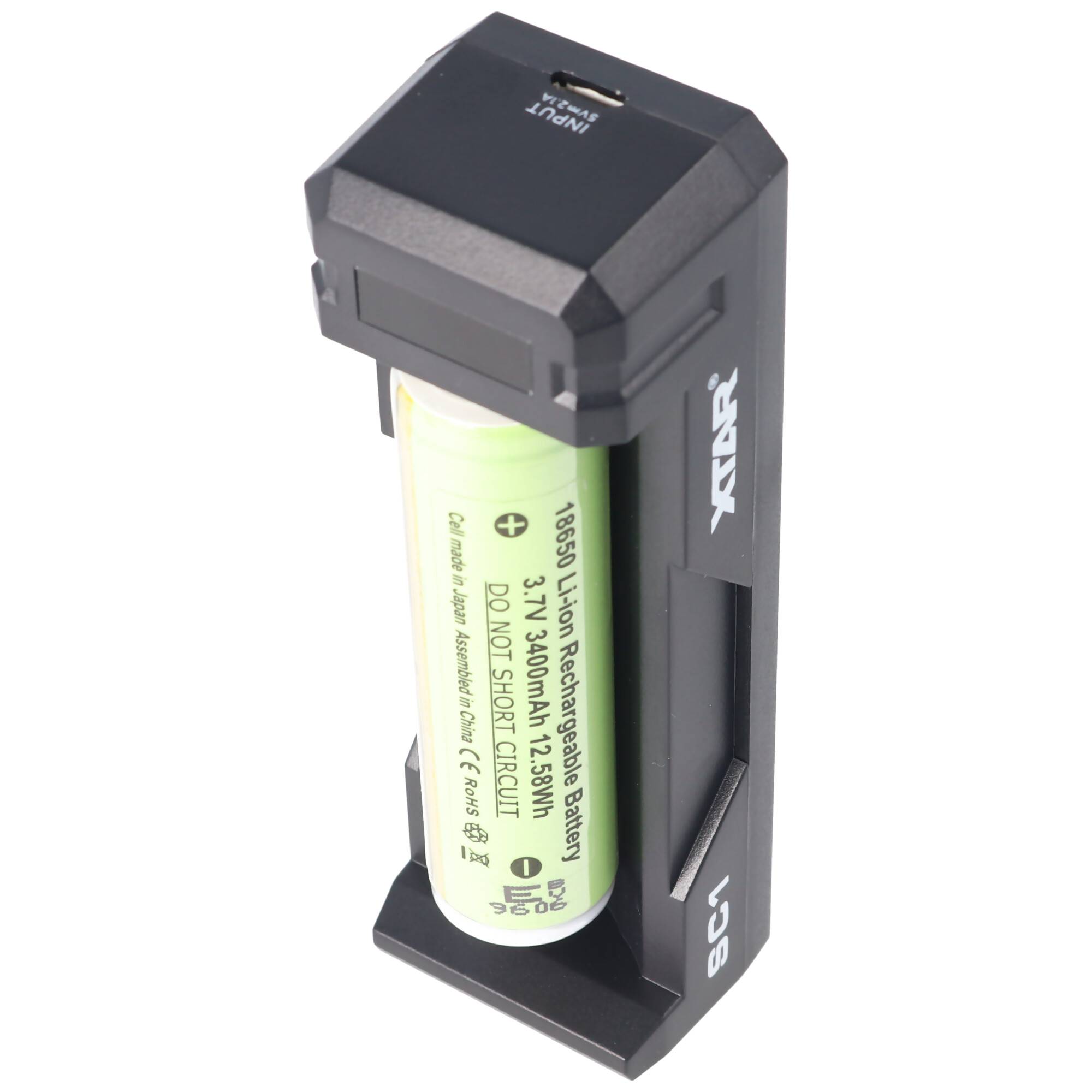 Schnell-Ladegerät für Li-ion Akku 3,6 - 3,7 Volt, lädt auch geschützte 20700, 21700 mit Überlängen bis 75mm