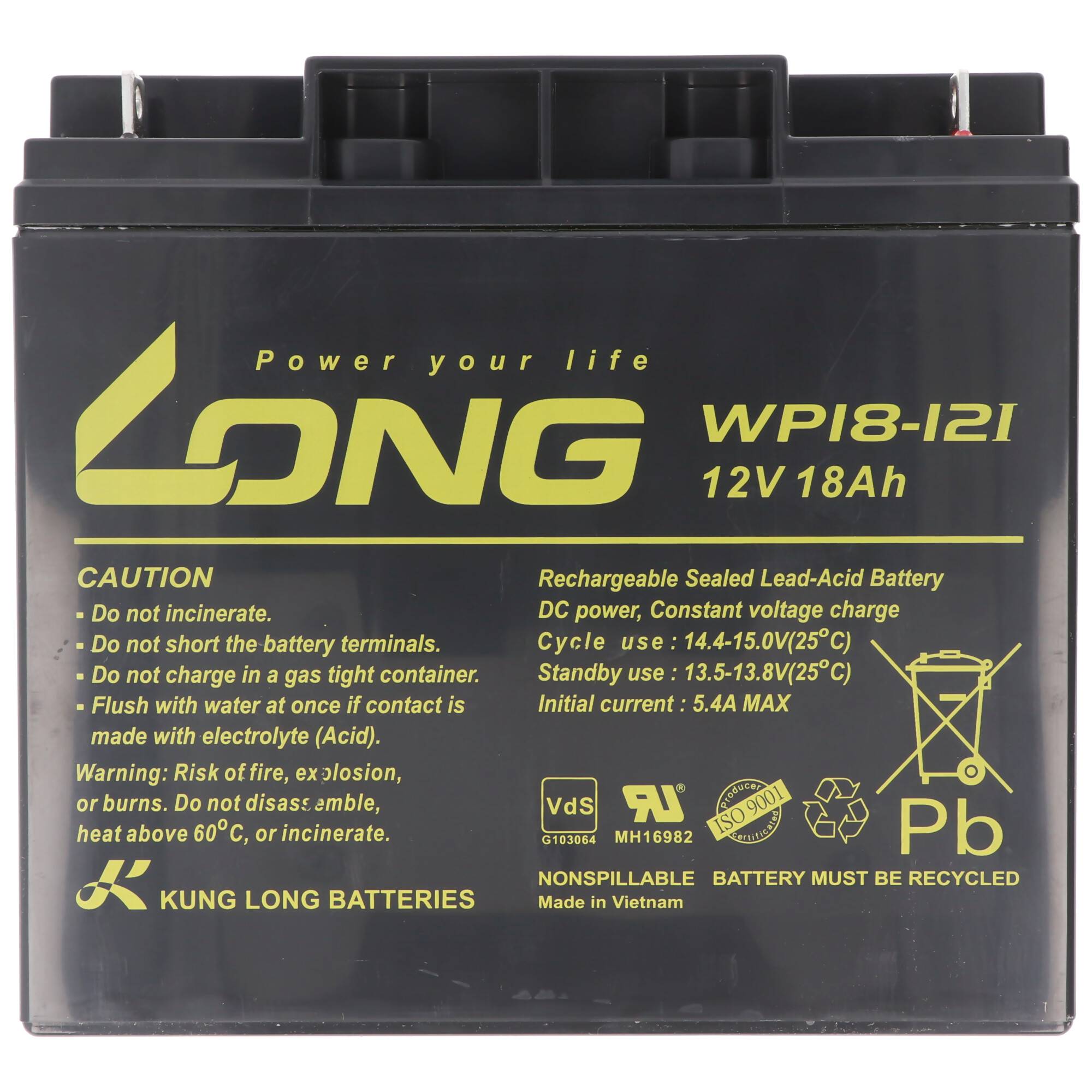 Schwarze KUNG LONG wiederaufladbare verschlossene Blei-Säure-Batterie mit Bezeichnung 'WP18-12I' 12V 18Ah mit Sicherheitswarnungen und Recycling-Symbolen.
