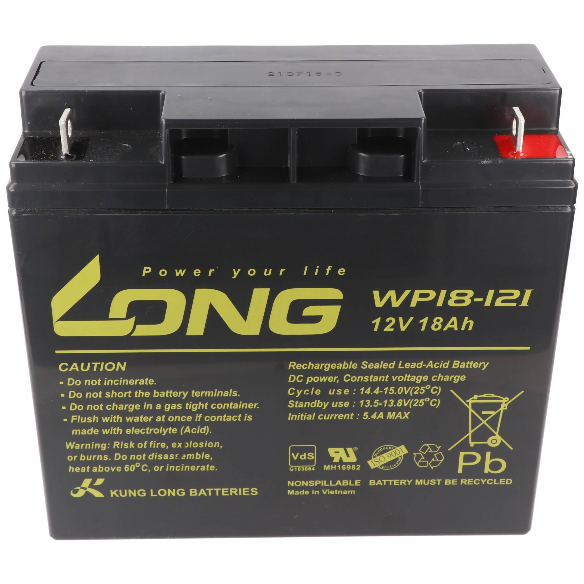 Schwarze LONG 12V 18Ah wiederaufladbare versiegelte Blei-Säure-Batterie mit Anschlüssen und Warnkennzeichnungen.