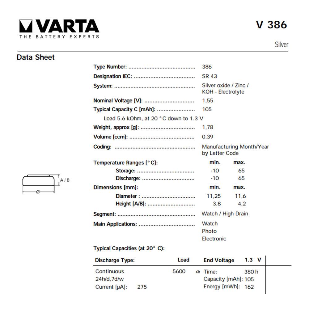 386, Varta V386, SR43, SR43W Knopfzelle für Uhren etc. Varta V12GS/V38/SR43