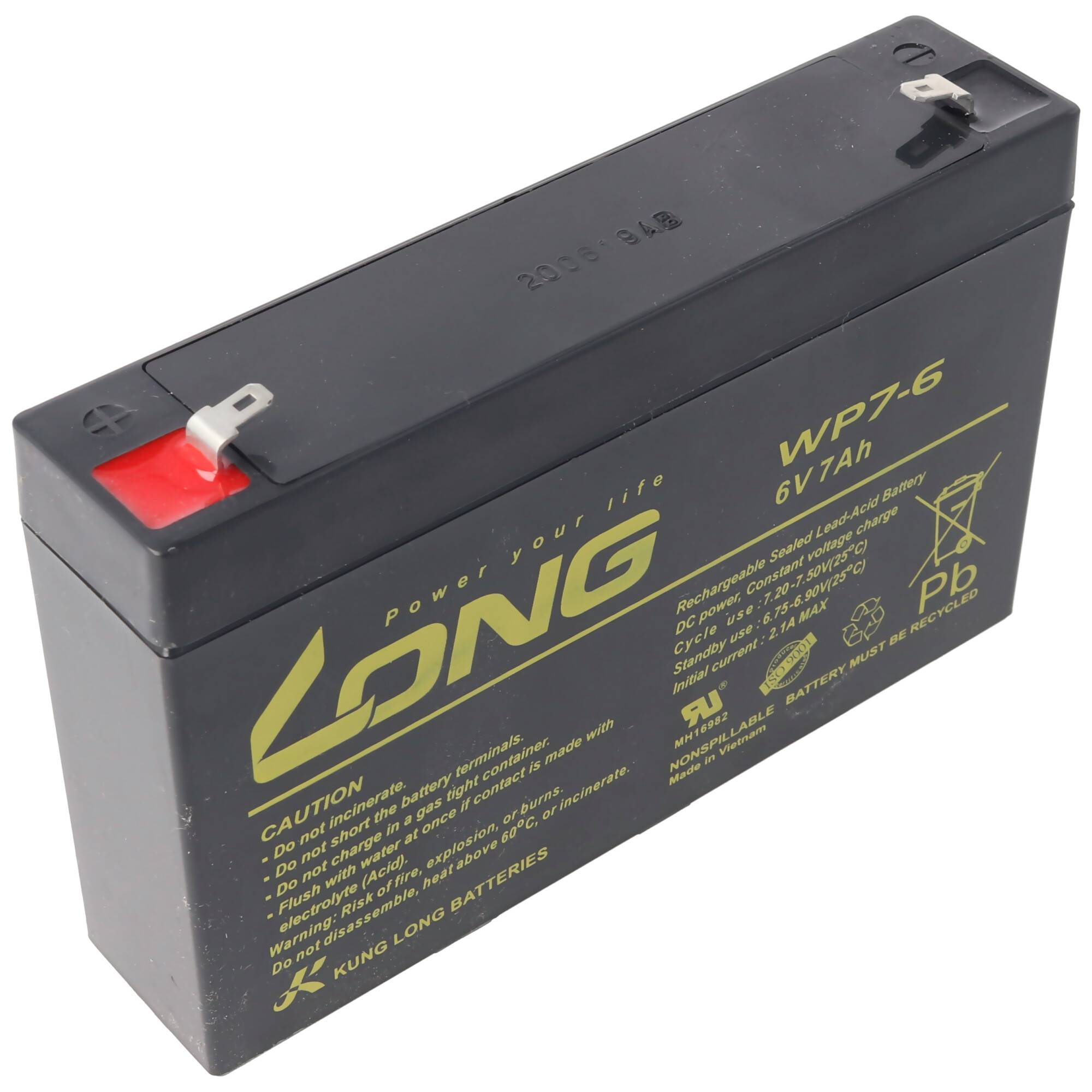 Schwarze wiederaufladbare verschlossene Blei-Säure-Batterie mit der Bezeichnung „LONG WP7.6 6V 7Ah