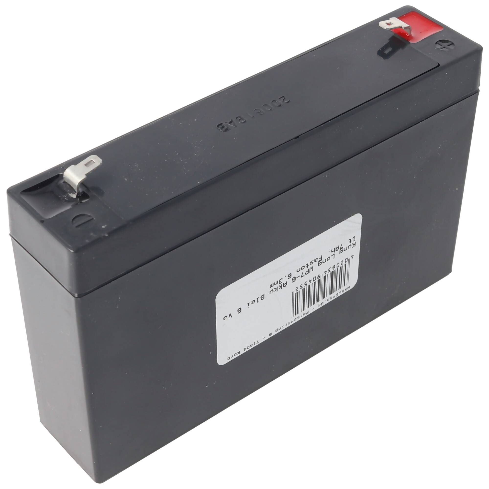 Schwarze rechteckige wiederaufladbare Batterie mit Metallklemmen und einem weißen Barcode-Etikett auf der Seite.