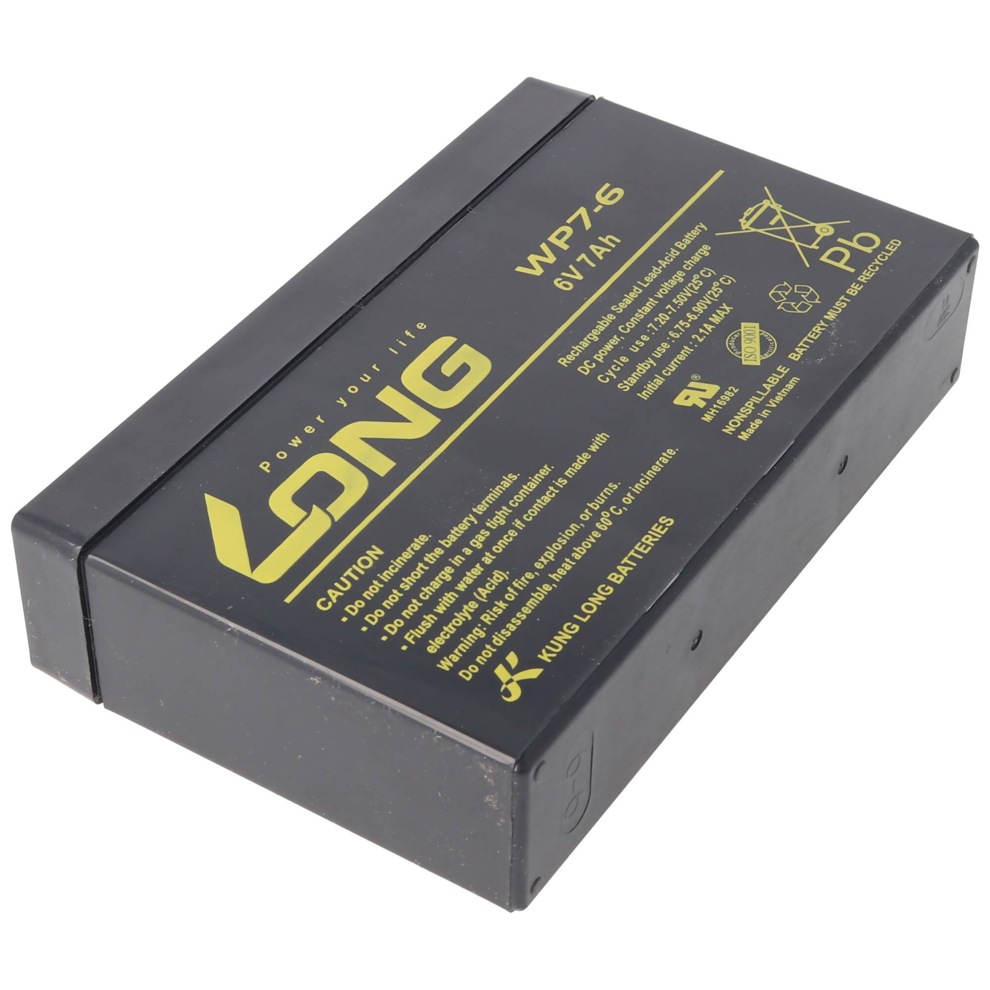 Schwarzes wiederaufladbares Batteriepaket der Marke LONG mit der Bezeichnung „WP7-6