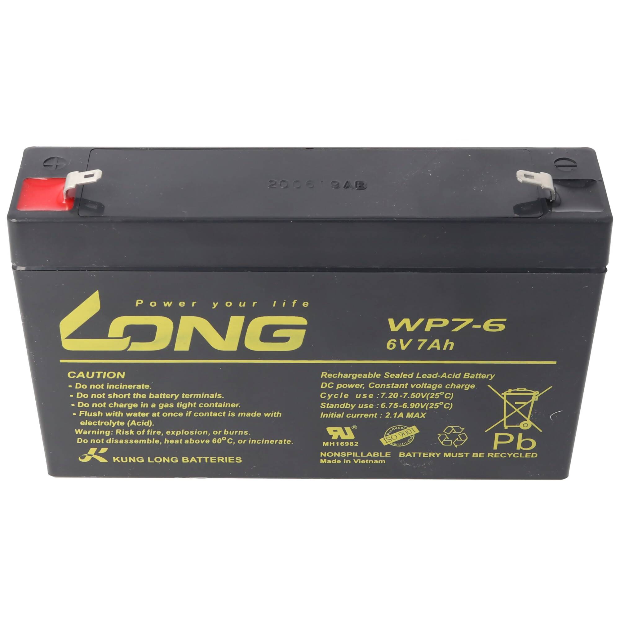 Black Kung Long WP7-6 6V 7Ah wiederaufladbare versiegelte Blei-Säure-Batterie mit roten und weißen Anschlüssen.