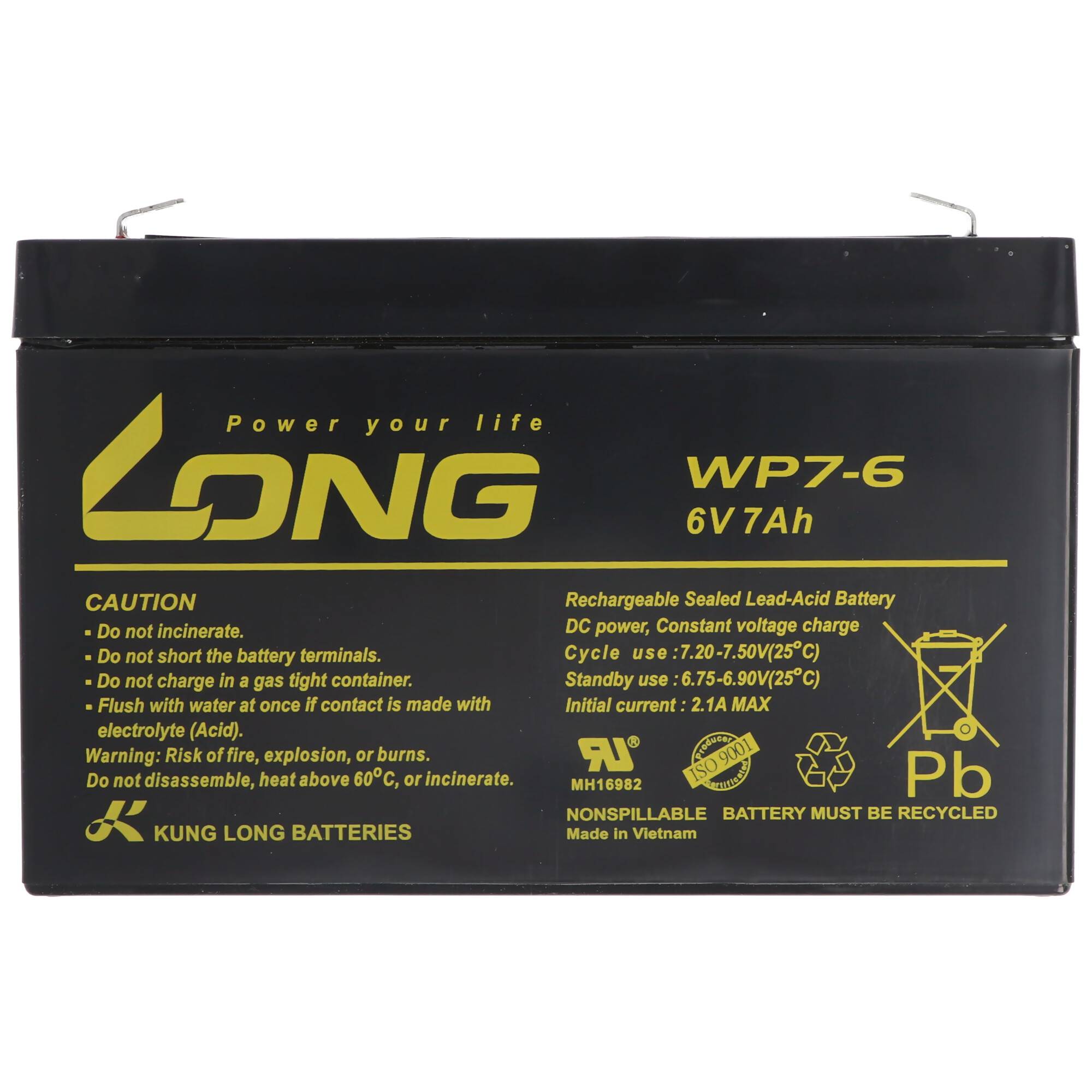 Schwarze LONG WPZ-6 6V 7Ah wiederaufladbare versiegelte Blei-Säure-Batterie mit Warn- und Recycling-Etiketten.