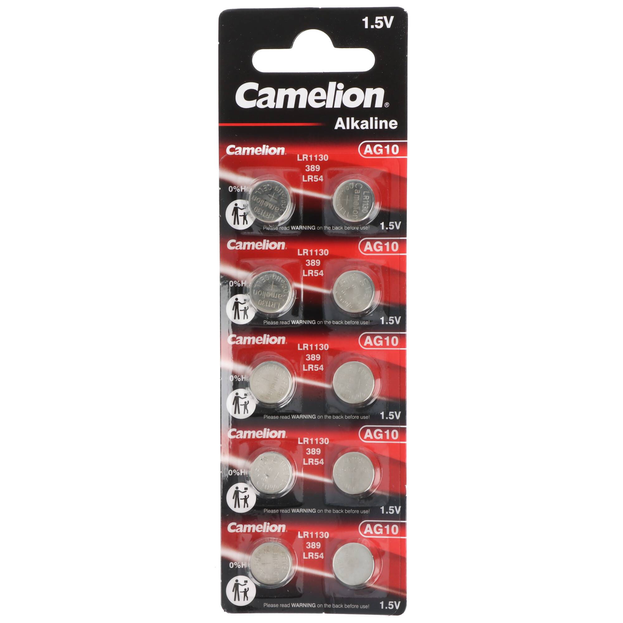 Camelion Alkaline AG10 1.5V Knopfzellenbatterien-Packung mit zehn Batterien auf rot-schwarzen Blisterkartenpackungen.