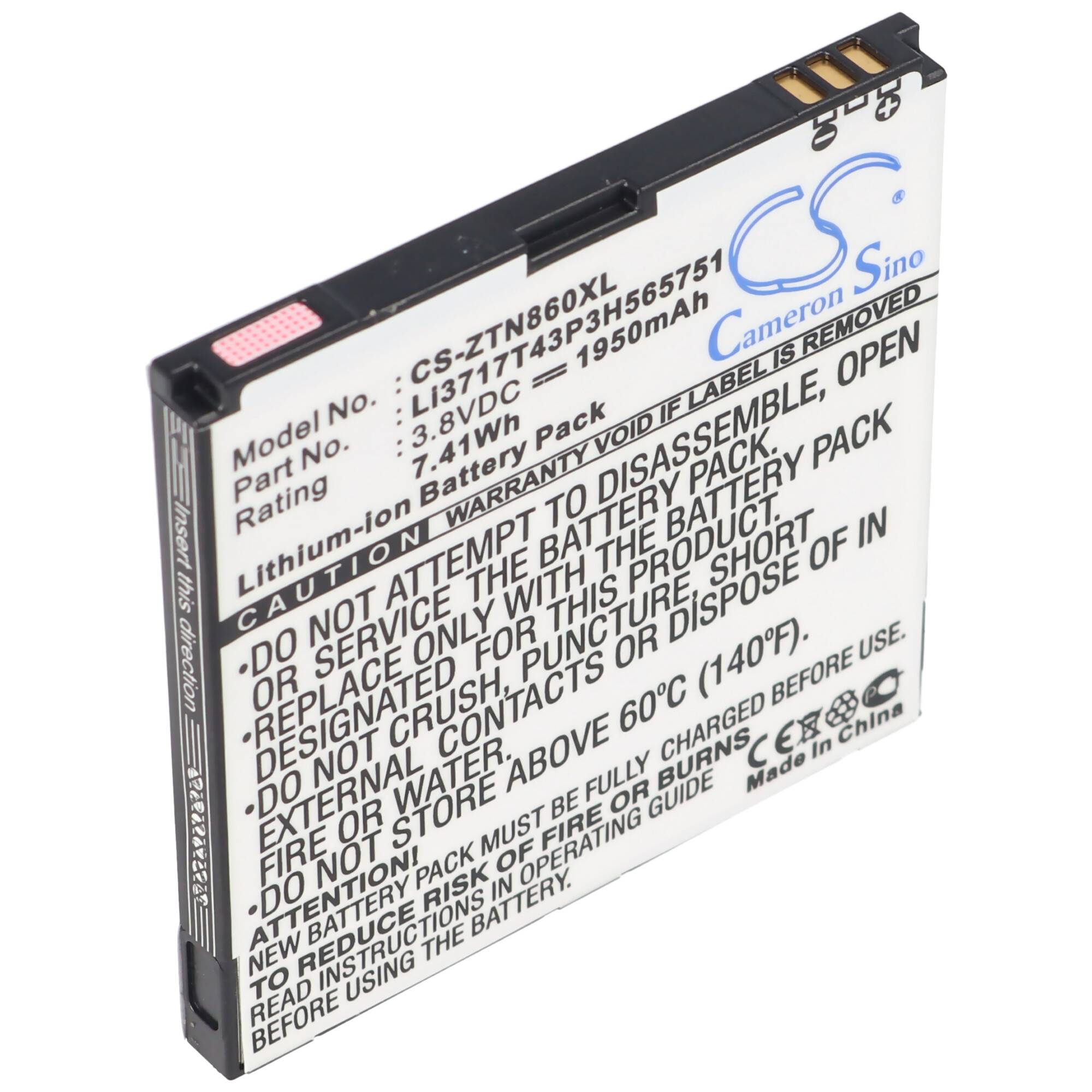 Cameron Sino Lithium-Ionen-Akku mit der Bezeichnung CS-ZTN860XL, 3,8V DC, 1950mAh, mit sichtbarem Warntext und Anschlüssen.