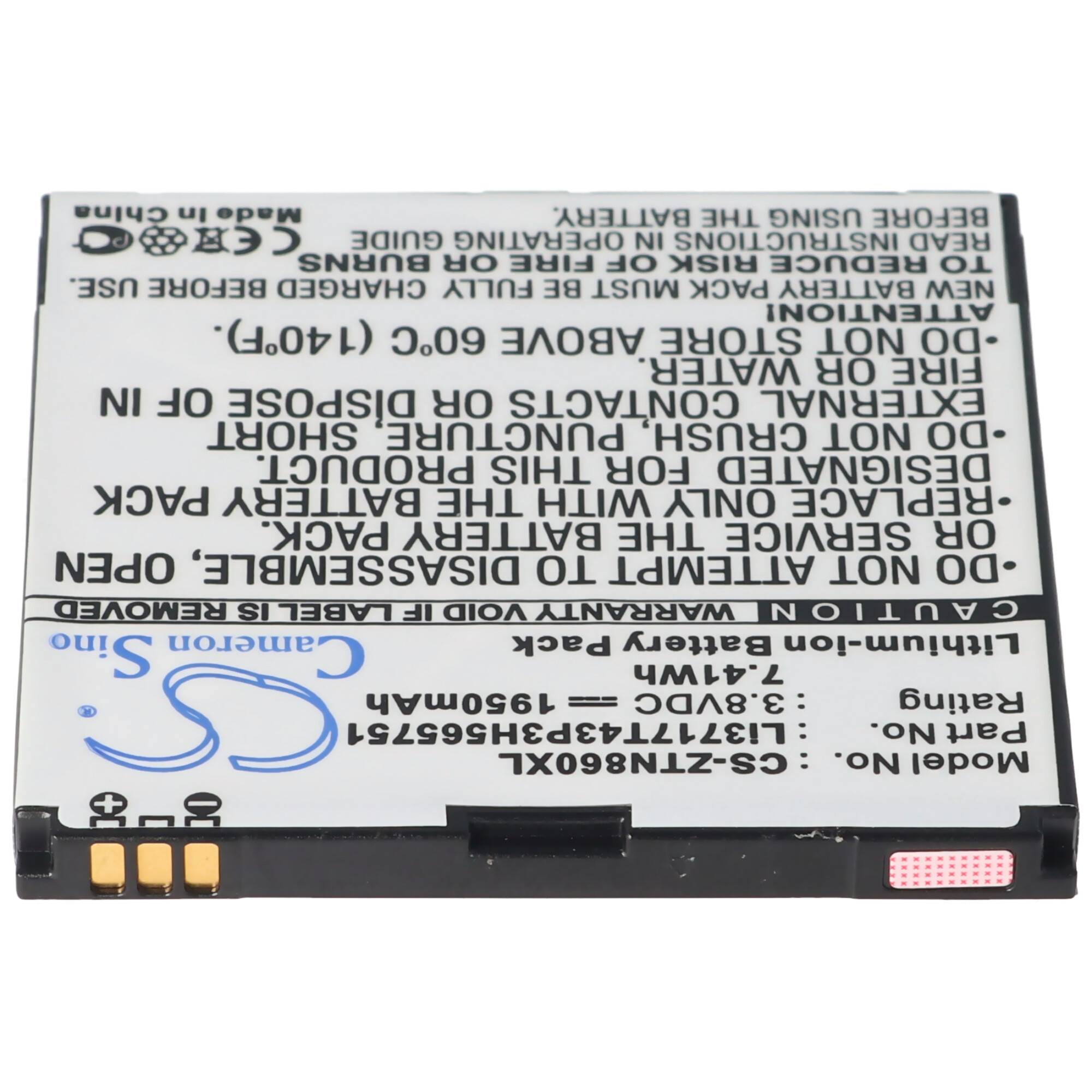 Ein kleines wiederaufladbares Lithium-Ionen-Batteriepaket, das umgekehrt gezeigt wird, mit gedruckter Warnung und Modellinformationen auf dem Etikett.